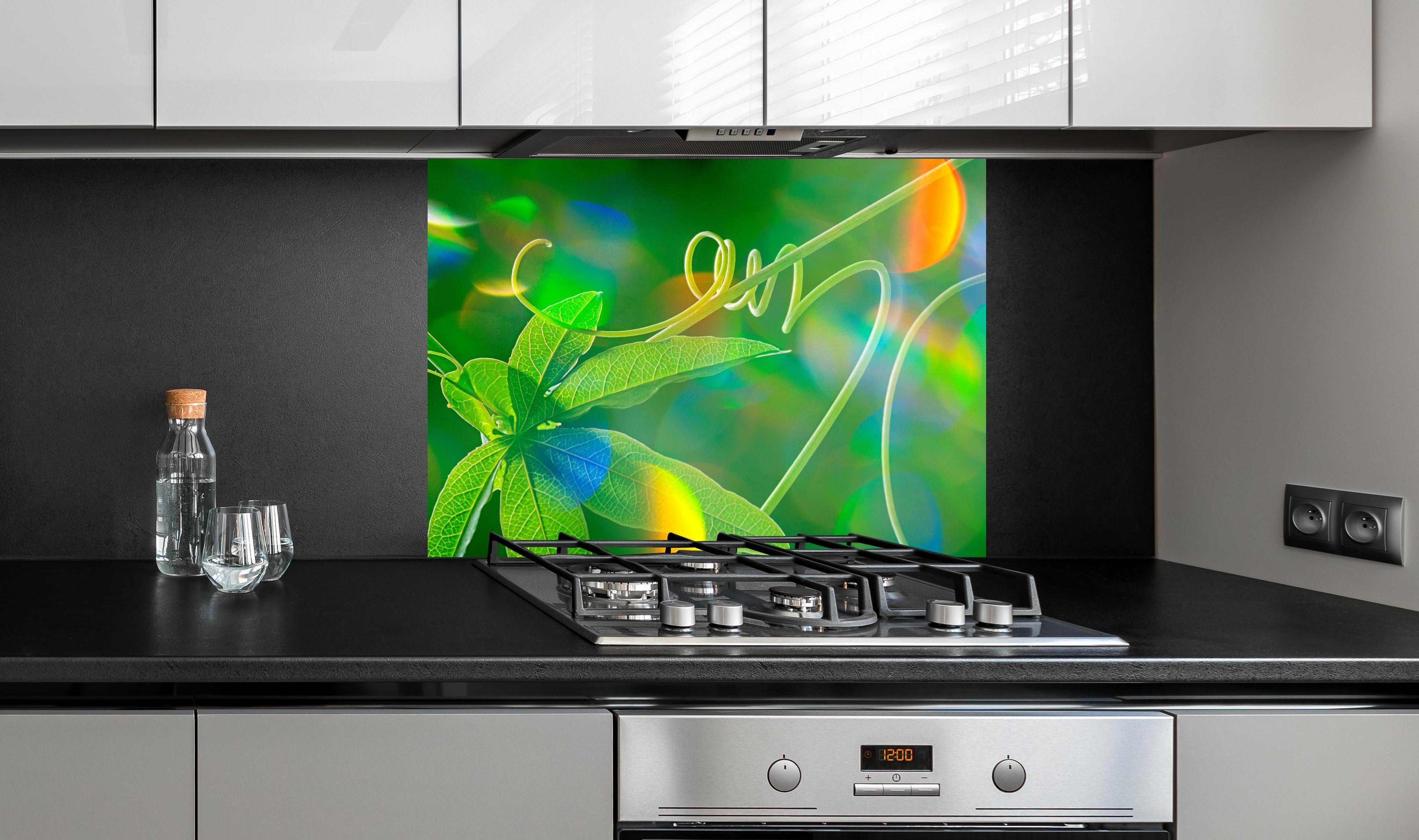 Spritzschutz - Grünes Blatt vor dunklem Hintergrund hinter einem Cerankochfeld zwischen Holz-Kochutensilien