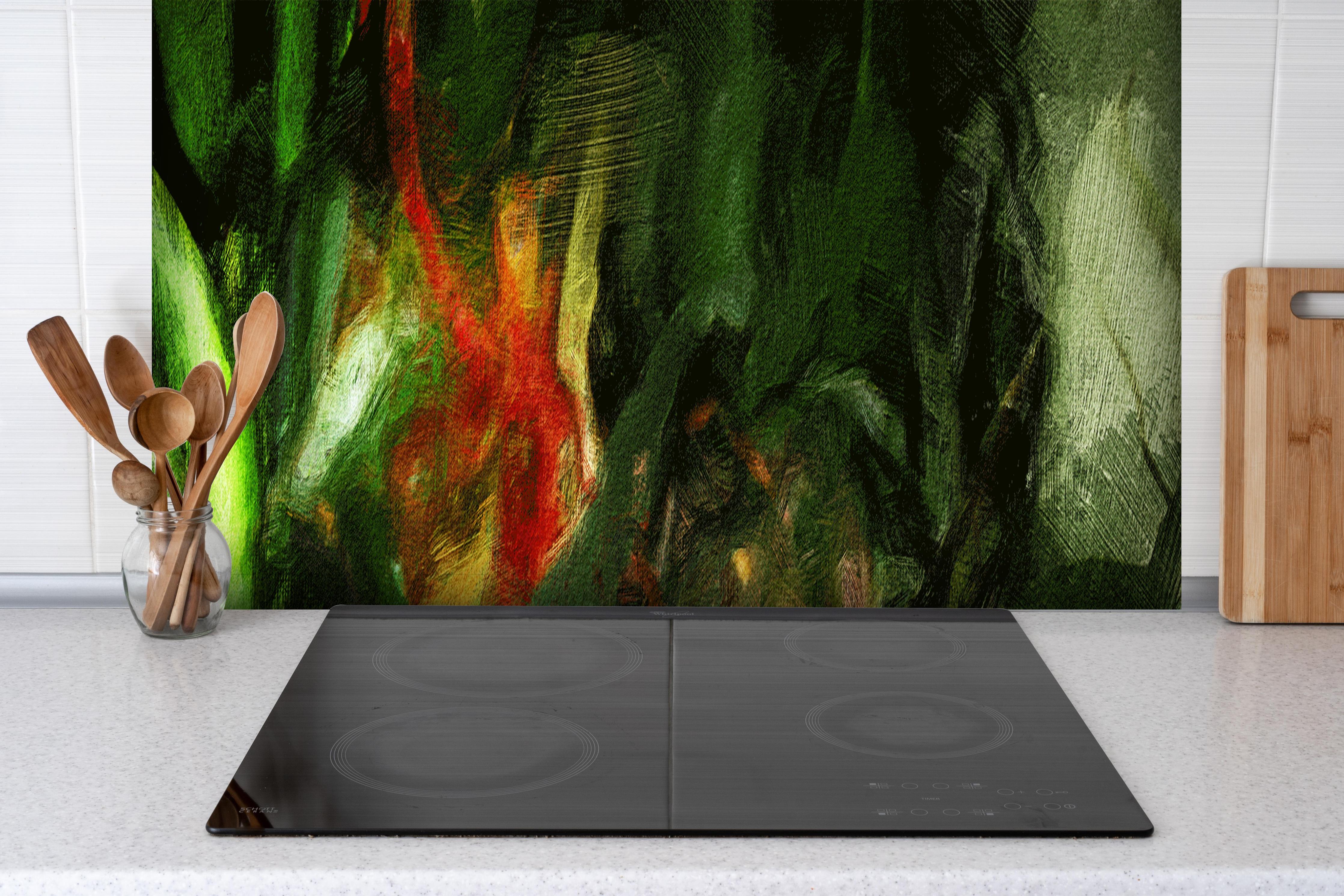 Spritzschutz - Grünes surreales Muster digitale Ölmalerei hinter einem Cerankochfeld zwischen Holz-Kochutensilien