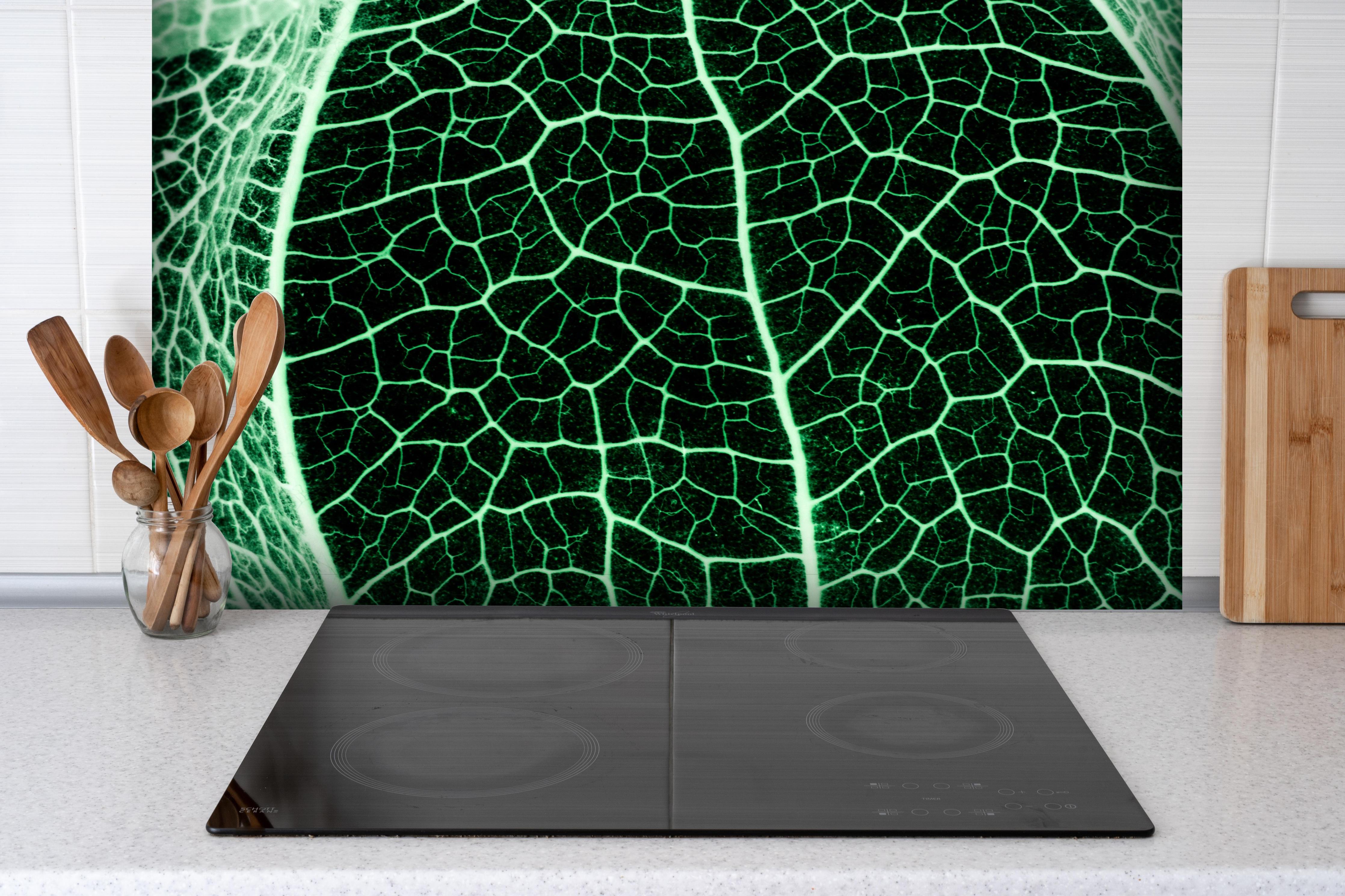Spritzschutz - Grünliche Blatttextur im Detail hinter einem Cerankochfeld zwischen Holz-Kochutensilien