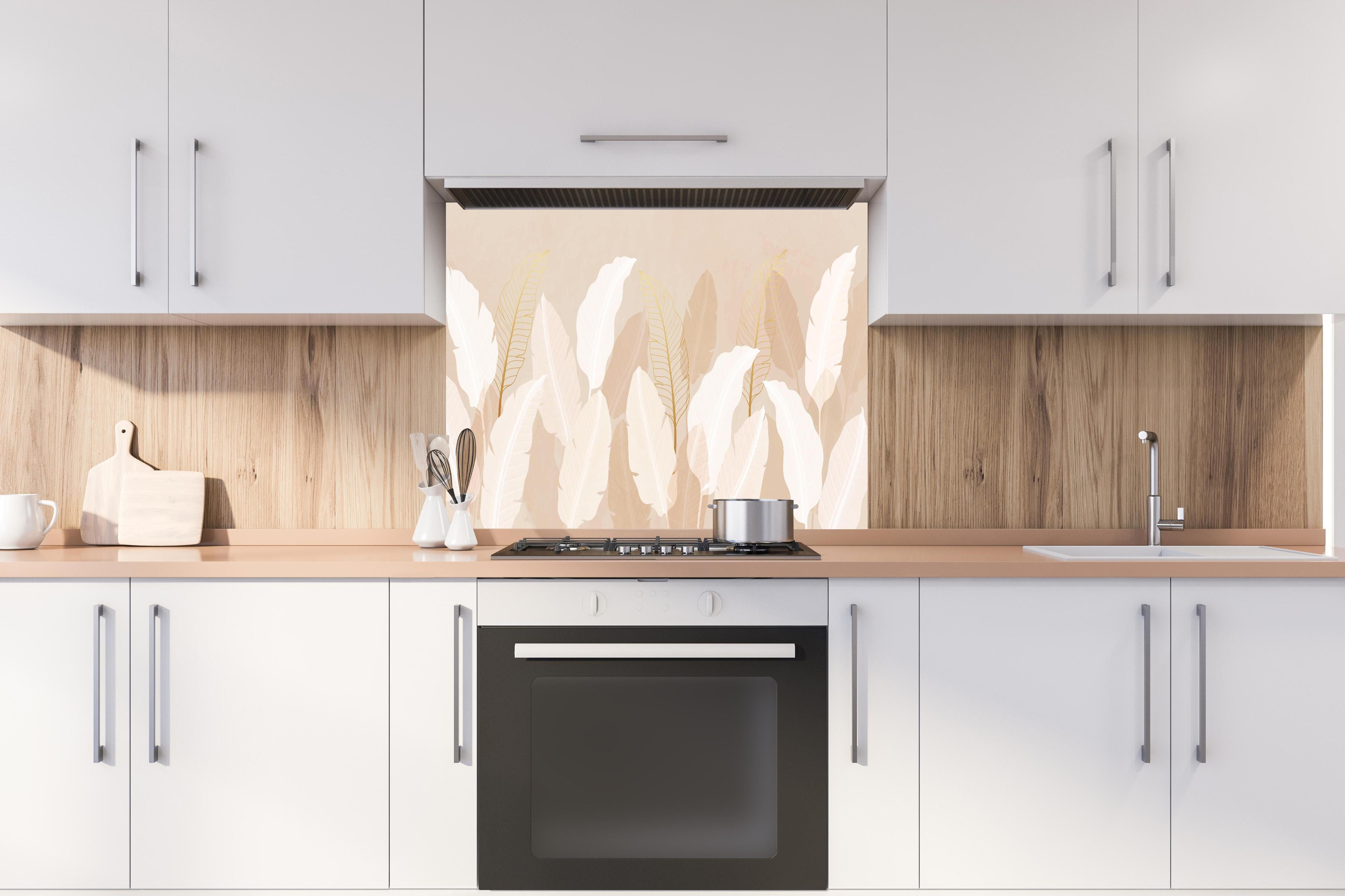 Spritzschutz - Harmonische Pastellblätter Design Kunstwerk hinter einem Cerankochfeld zwischen Holz-Kochutensilien