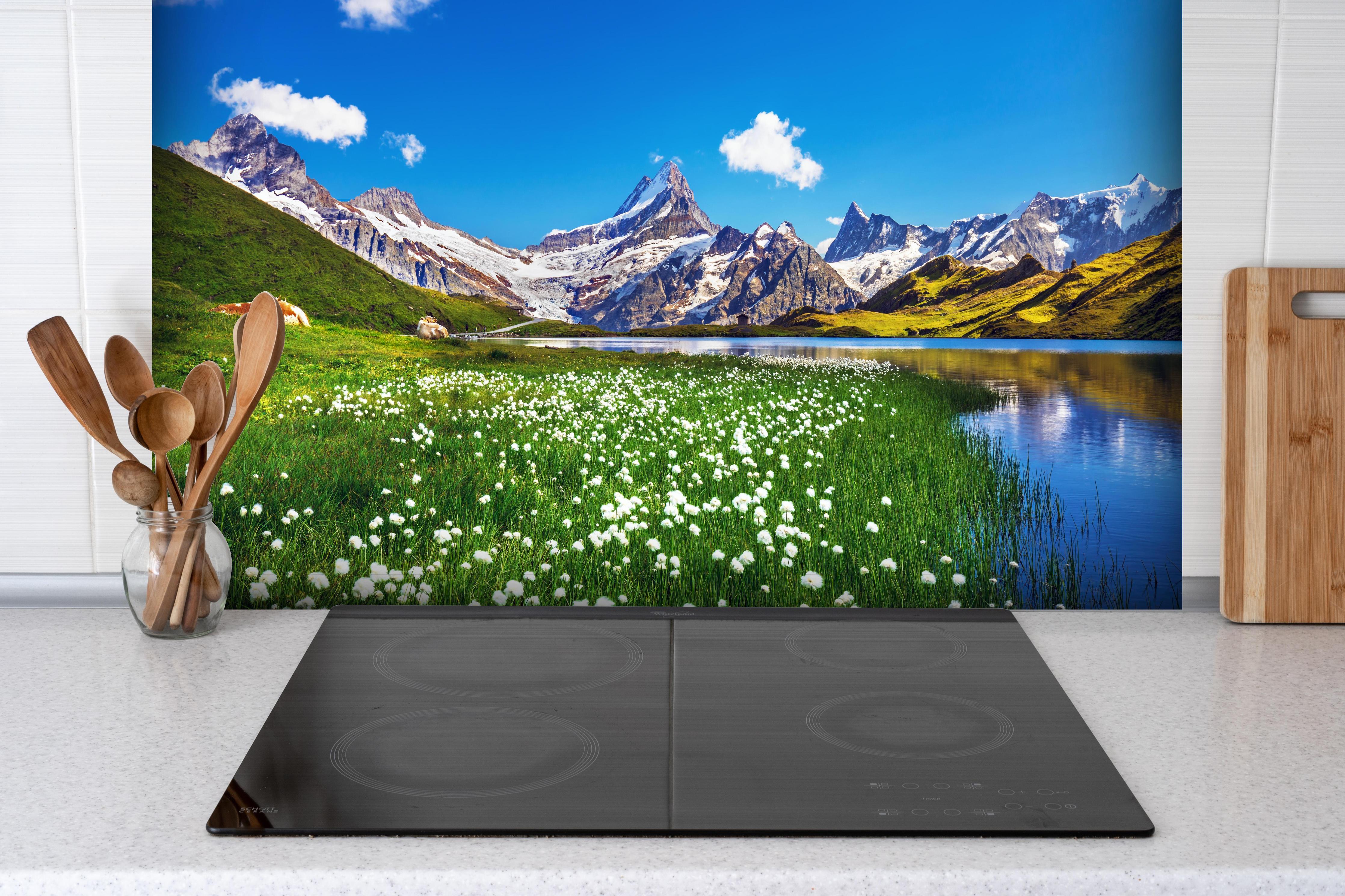 Spritzschutz - Heitere Aussicht auf die Berner Alpenkette hinter einem Cerankochfeld zwischen Holz-Kochutensilien