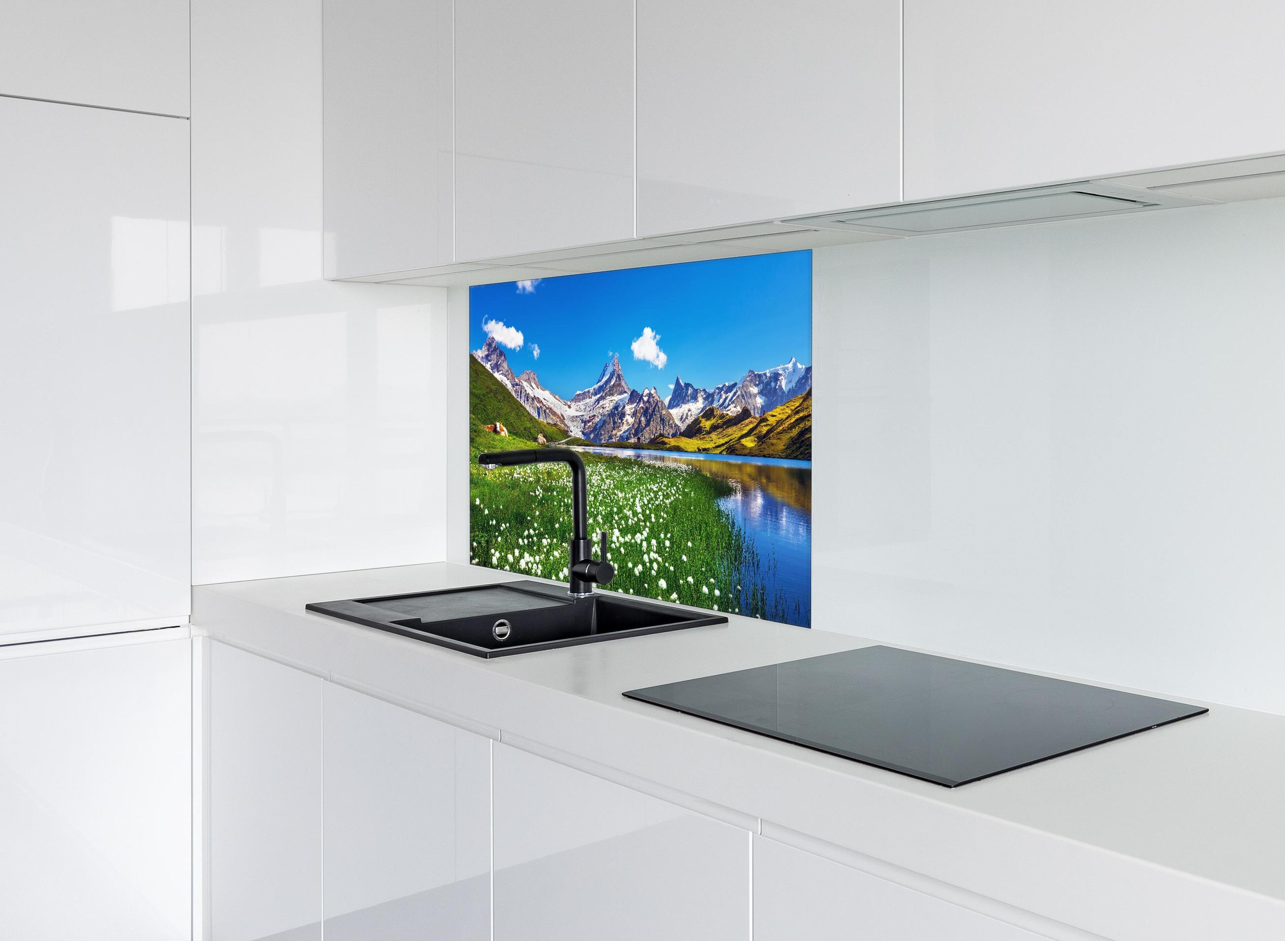 Spritzschutz - Heitere Aussicht auf die Berner Alpenkette hinter einem Cerankochfeld zwischen Holz-Kochutensilien