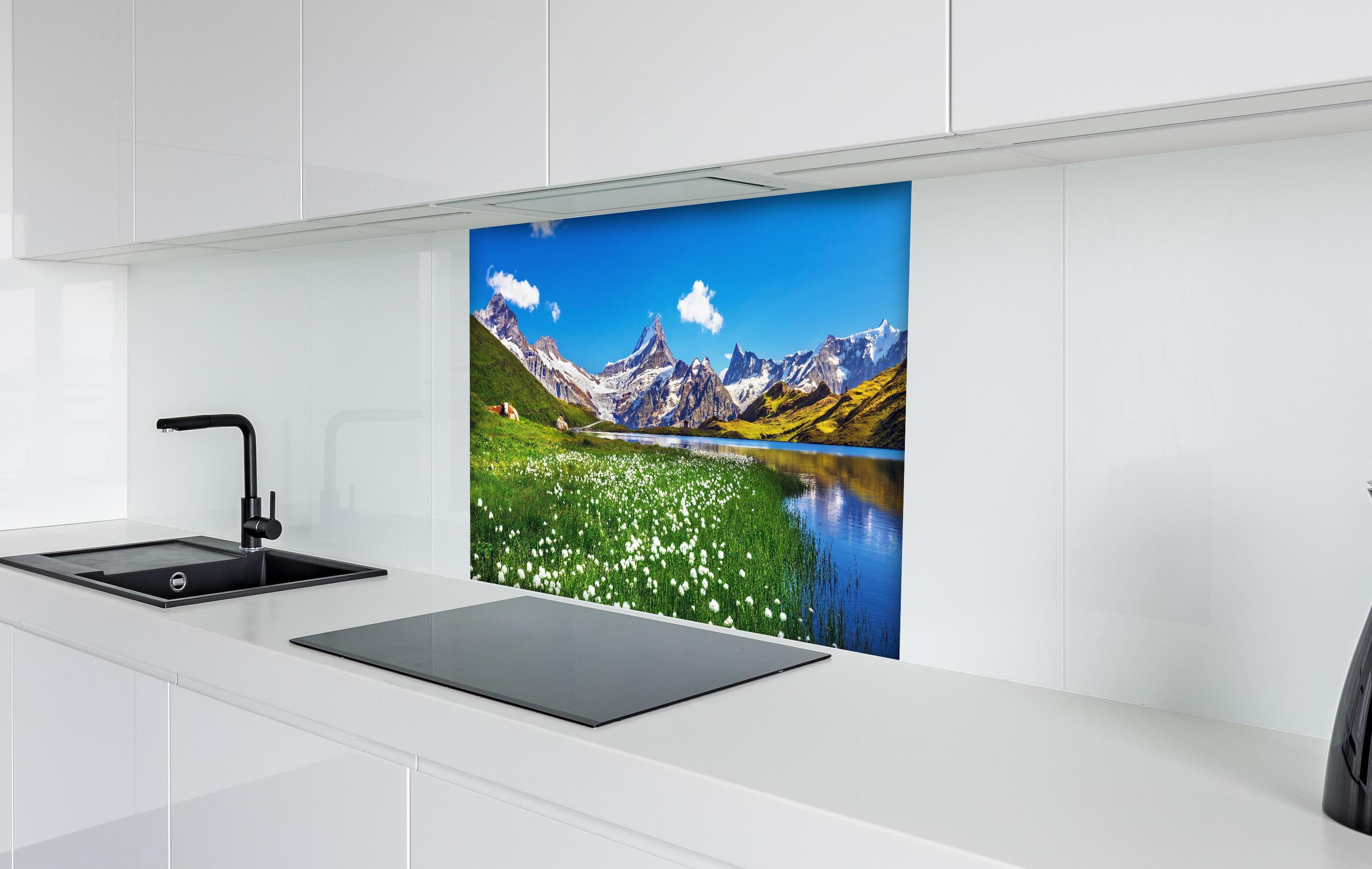 Spritzschutz - Heitere Aussicht auf die Berner Alpenkette hinter einem Cerankochfeld zwischen Holz-Kochutensilien