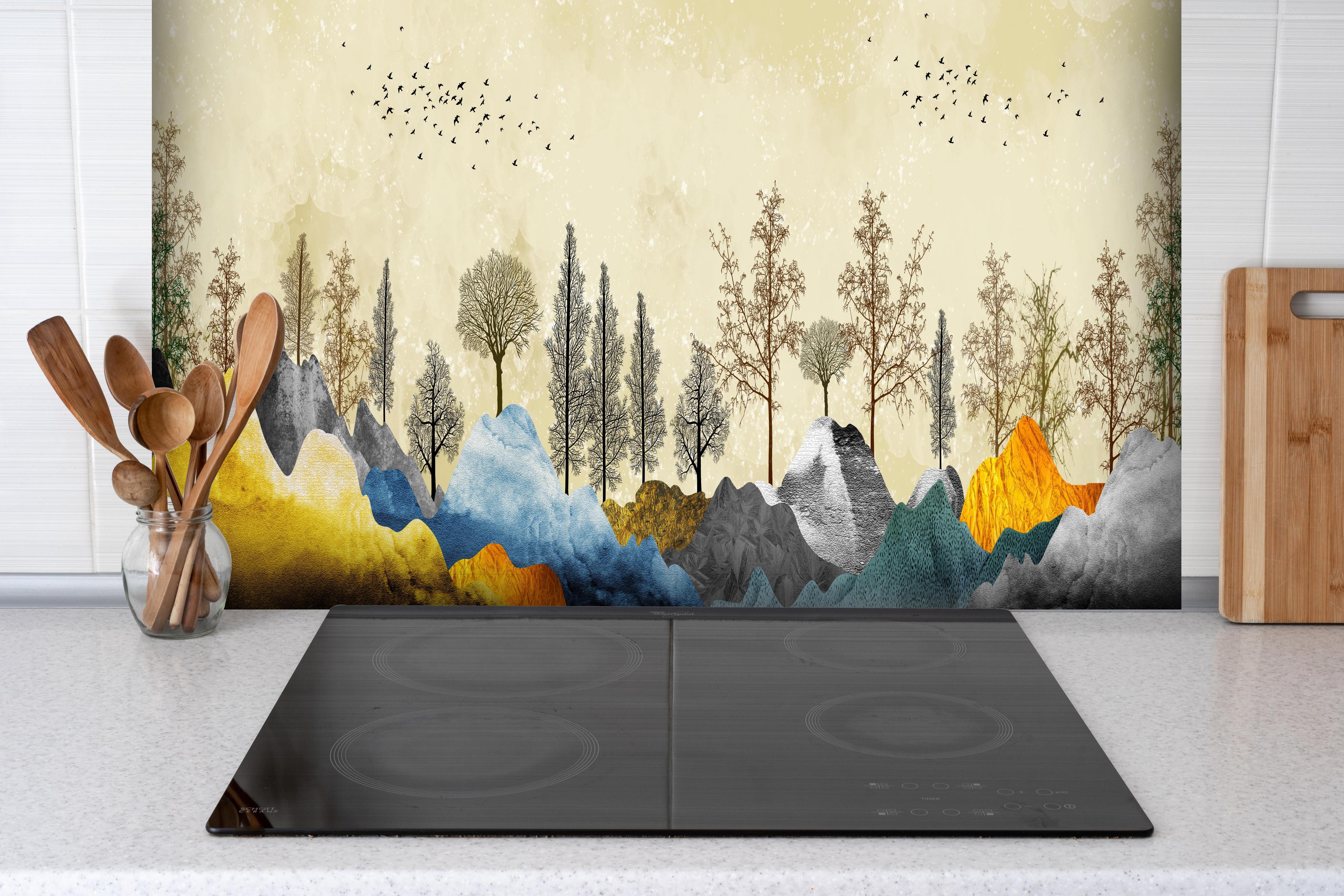 Spritzschutz - Herbstliches Gemälde hinter einem Cerankochfeld zwischen Holz-Kochutensilien