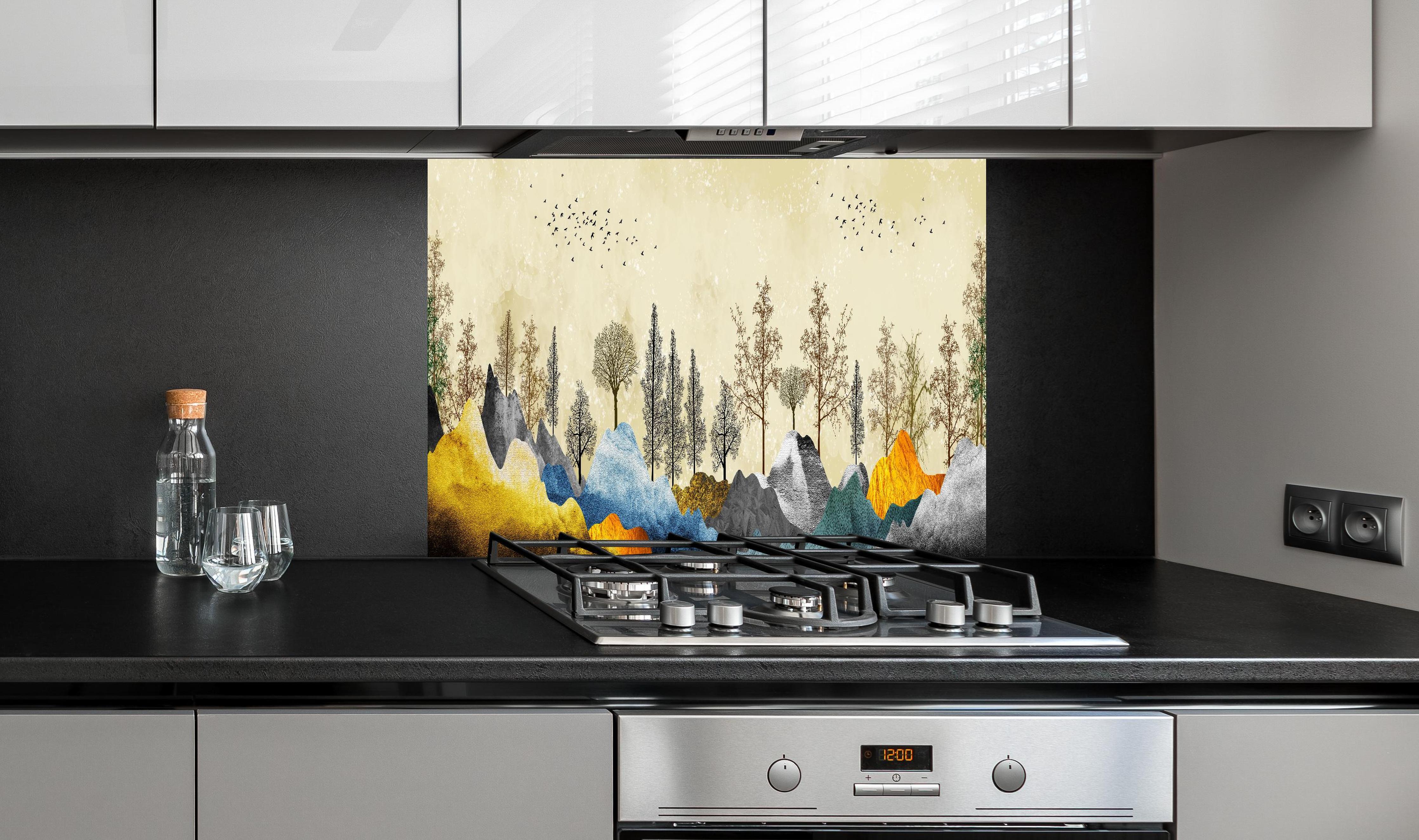 Spritzschutz - Herbstliches Gemälde hinter einem Cerankochfeld zwischen Holz-Kochutensilien