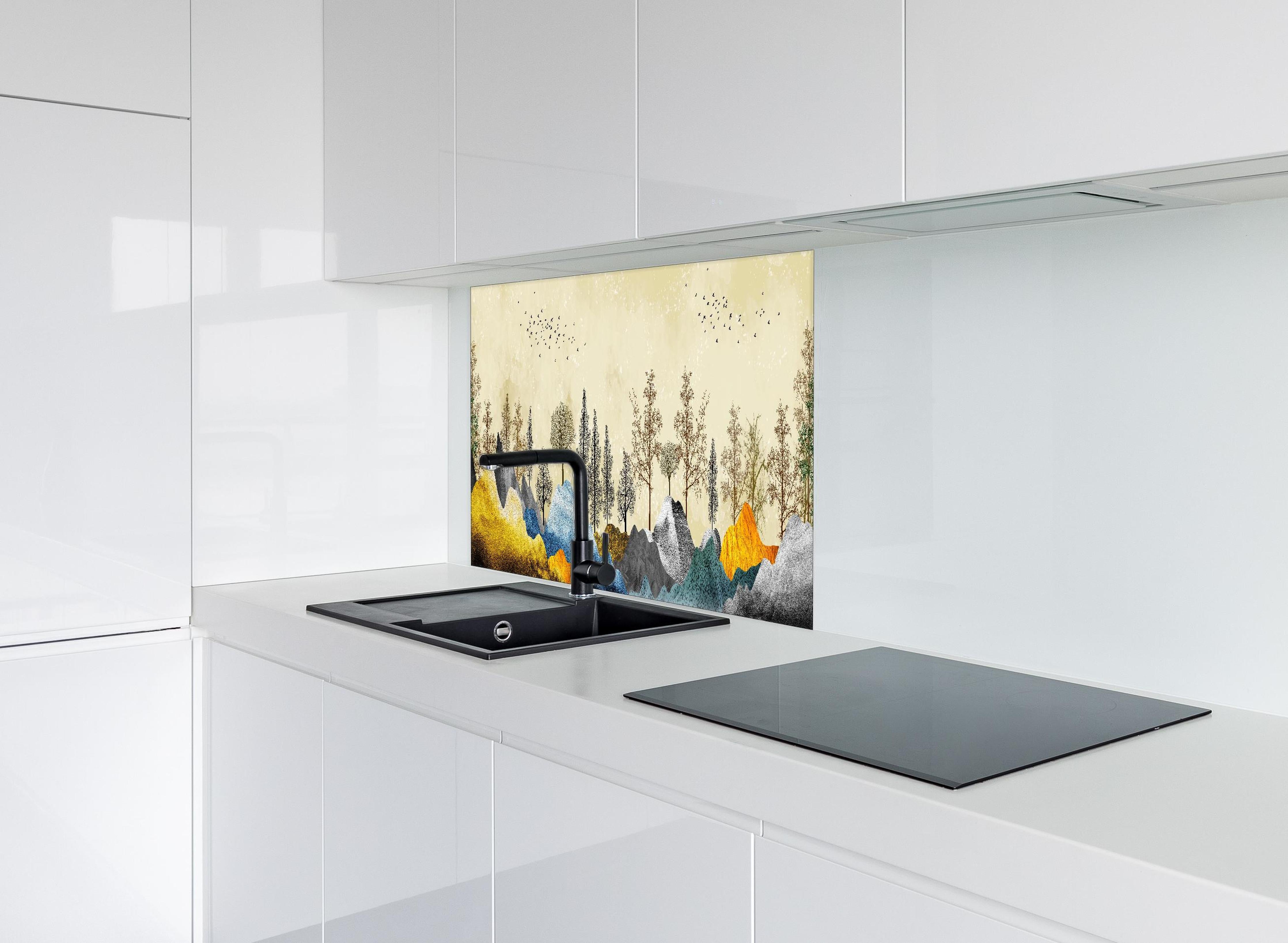 Spritzschutz - Herbstliches Gemälde hinter einem Cerankochfeld zwischen Holz-Kochutensilien