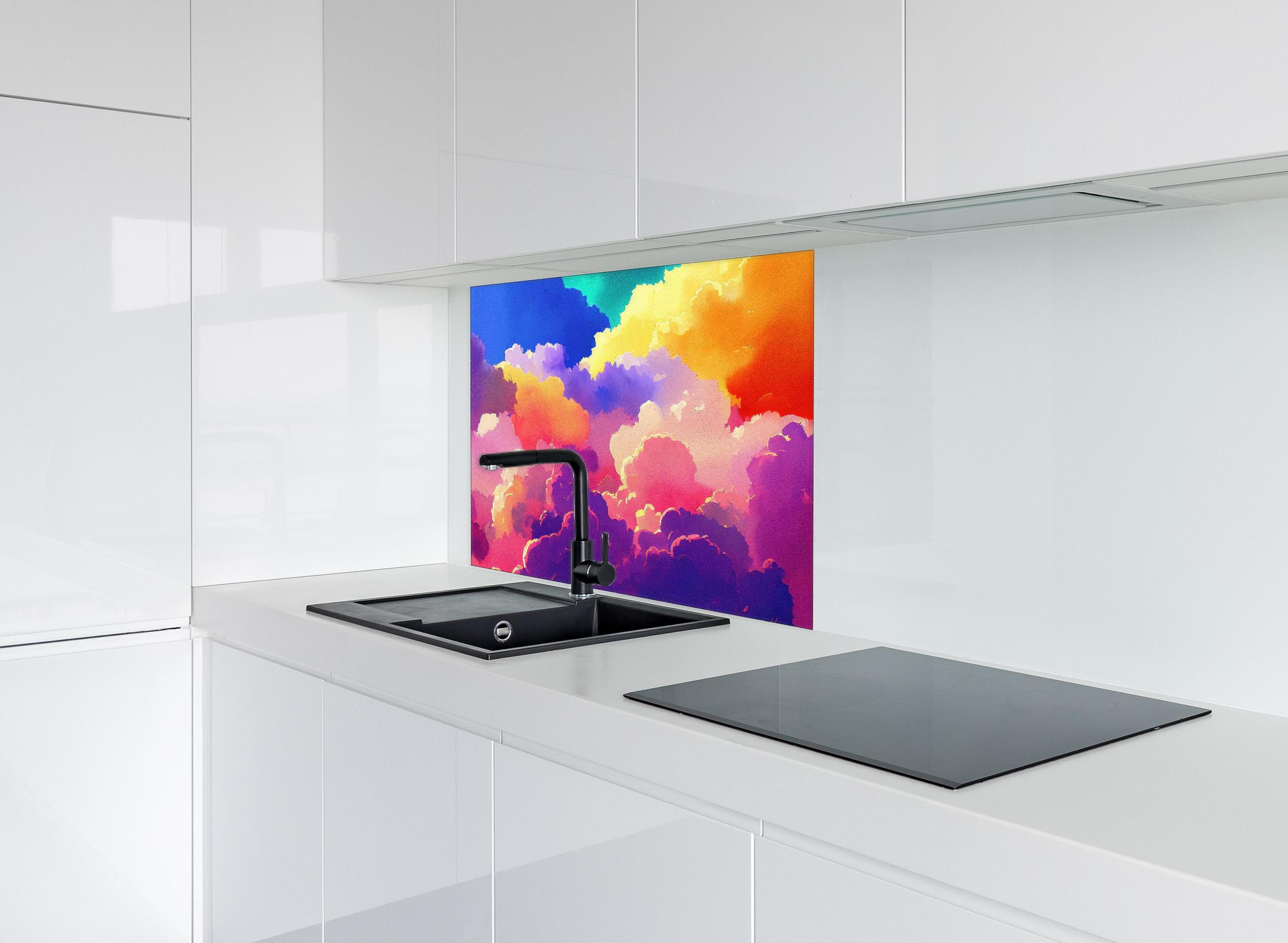 Spritzschutz - Himmel mit Wolken. Aquarell Illustration von farbigen Wolken. hinter einem Cerankochfeld zwischen Holz-Kochutensilien