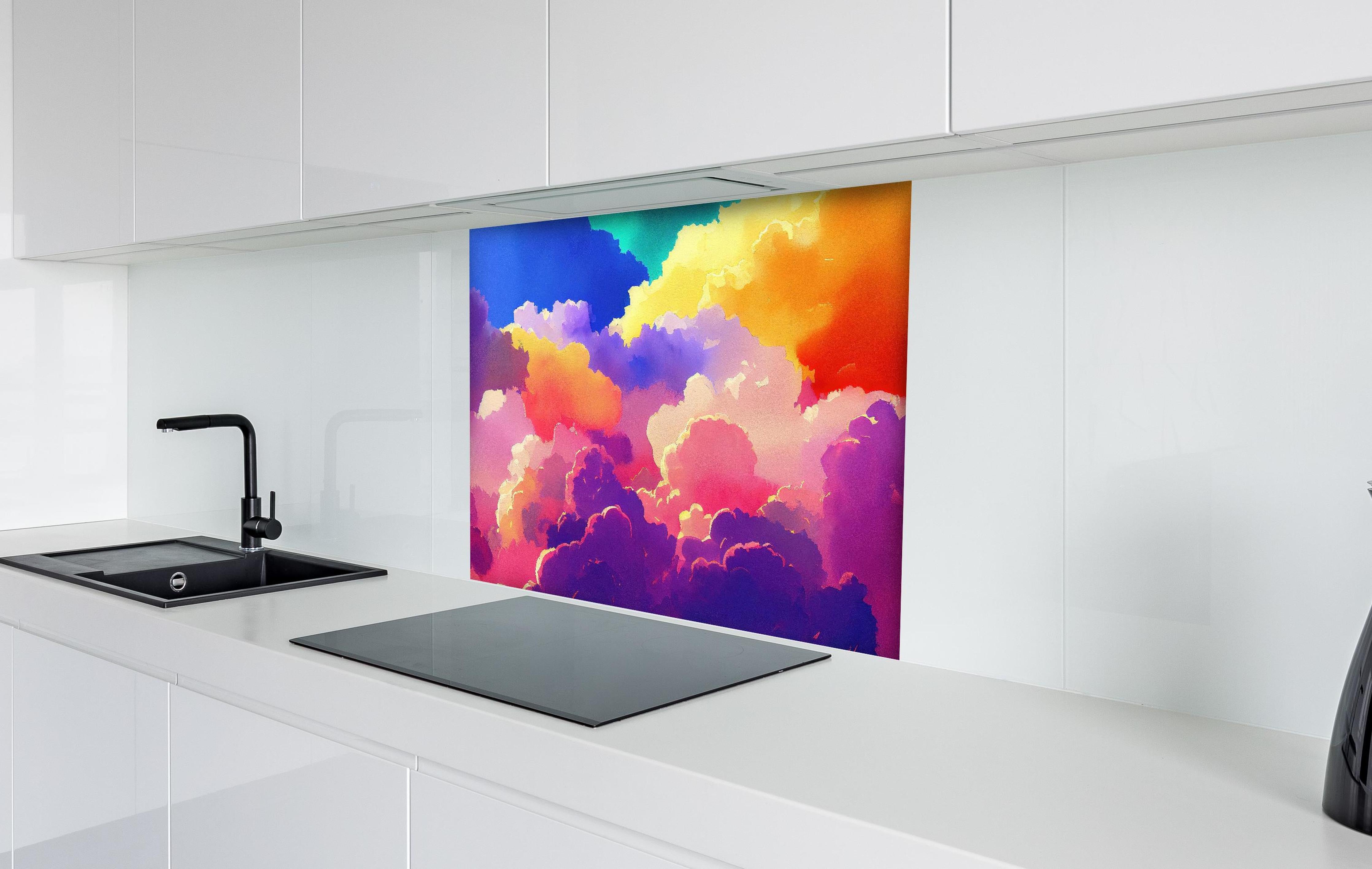 Spritzschutz - Himmel mit Wolken. Aquarell Illustration von farbigen Wolken. hinter einem Cerankochfeld zwischen Holz-Kochutensilien
