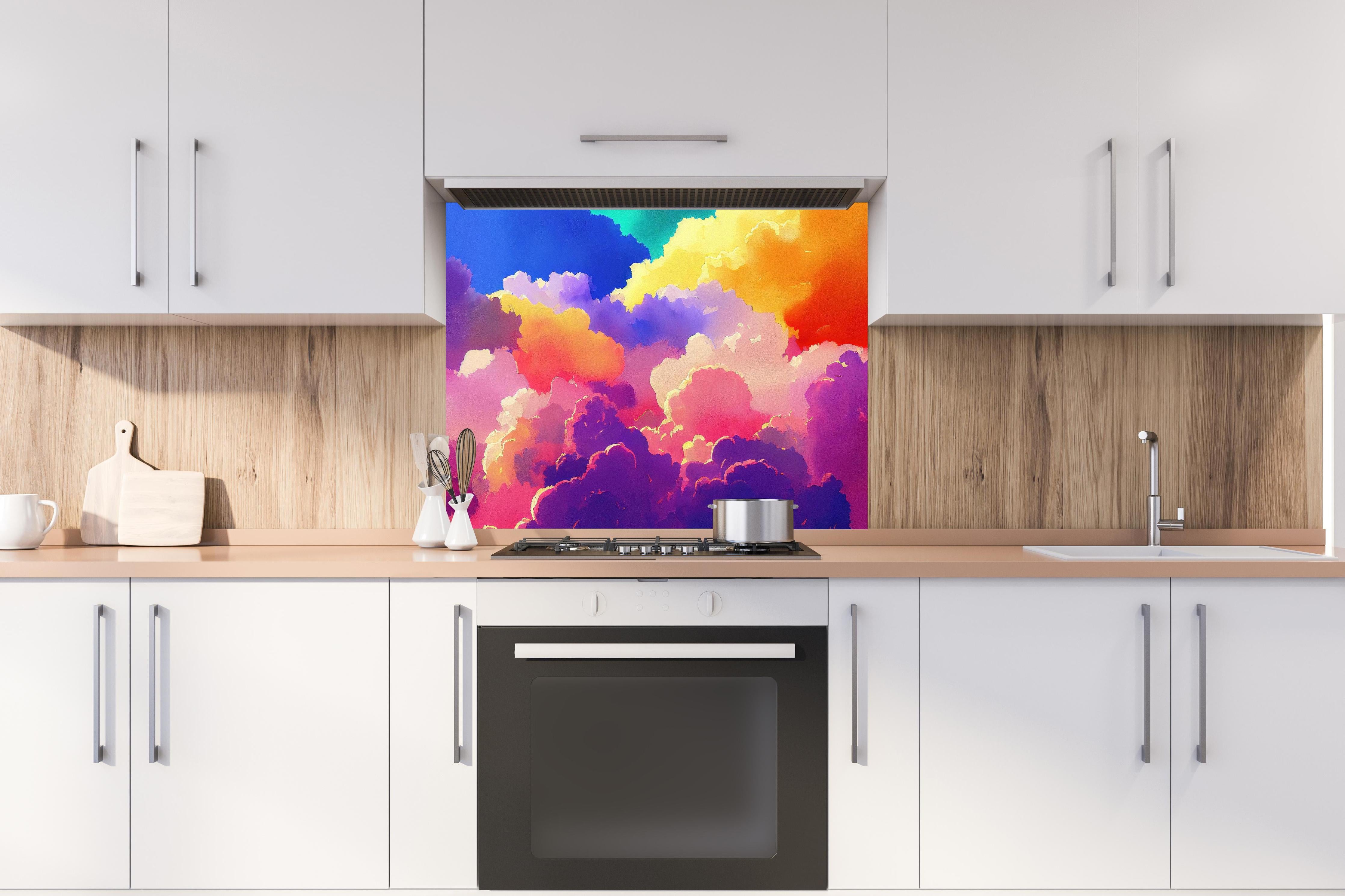 Spritzschutz - Himmel mit Wolken. Aquarell Illustration von farbigen Wolken. hinter einem Cerankochfeld zwischen Holz-Kochutensilien