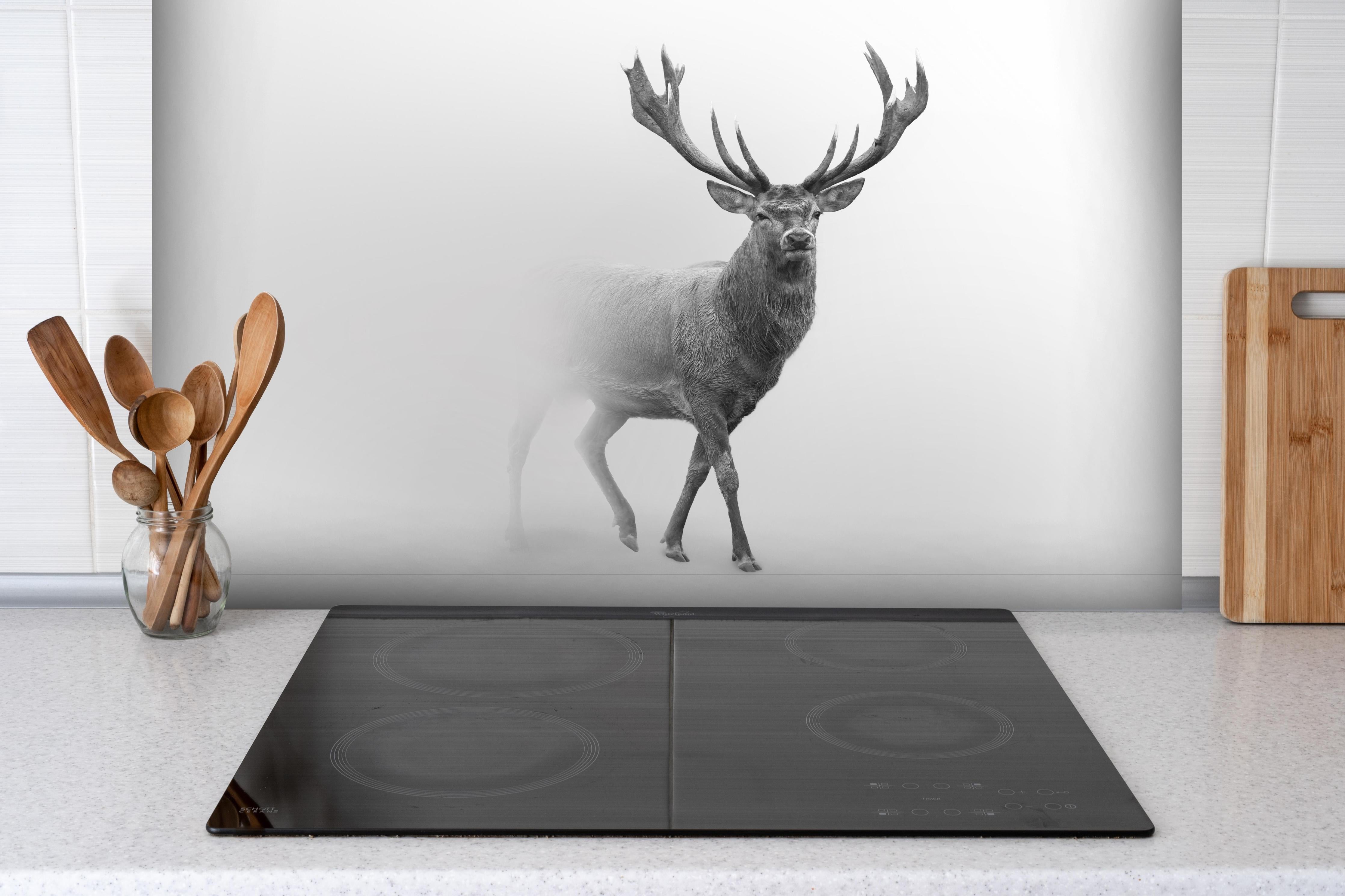 Spritzschutz - Hirsch Graustufenbild hinter einem Cerankochfeld zwischen Holz-Kochutensilien