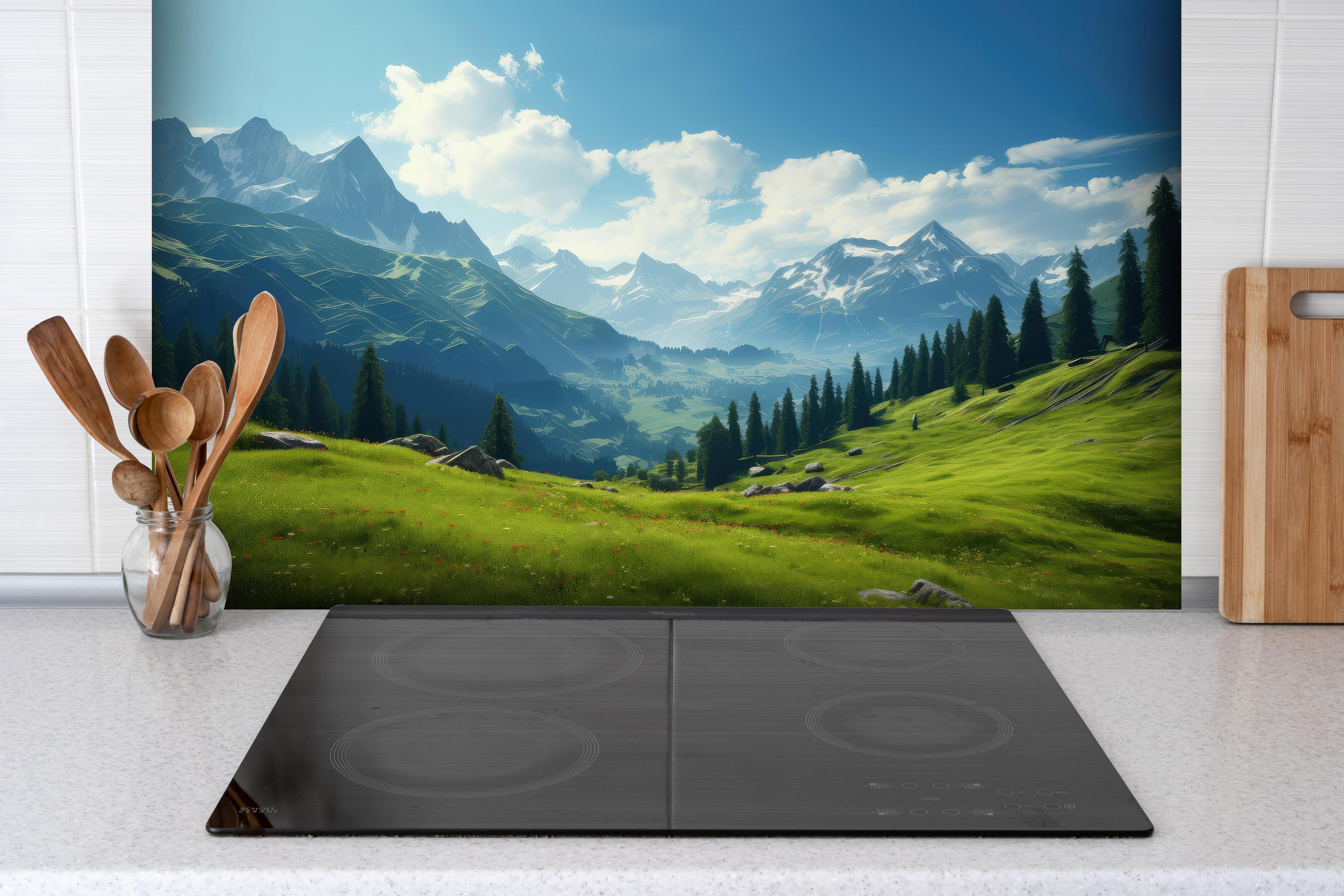 Spritzschutz - Idyllische Alpenlandschaft in Sommerfrische hinter einem Cerankochfeld zwischen Holz-Kochutensilien
