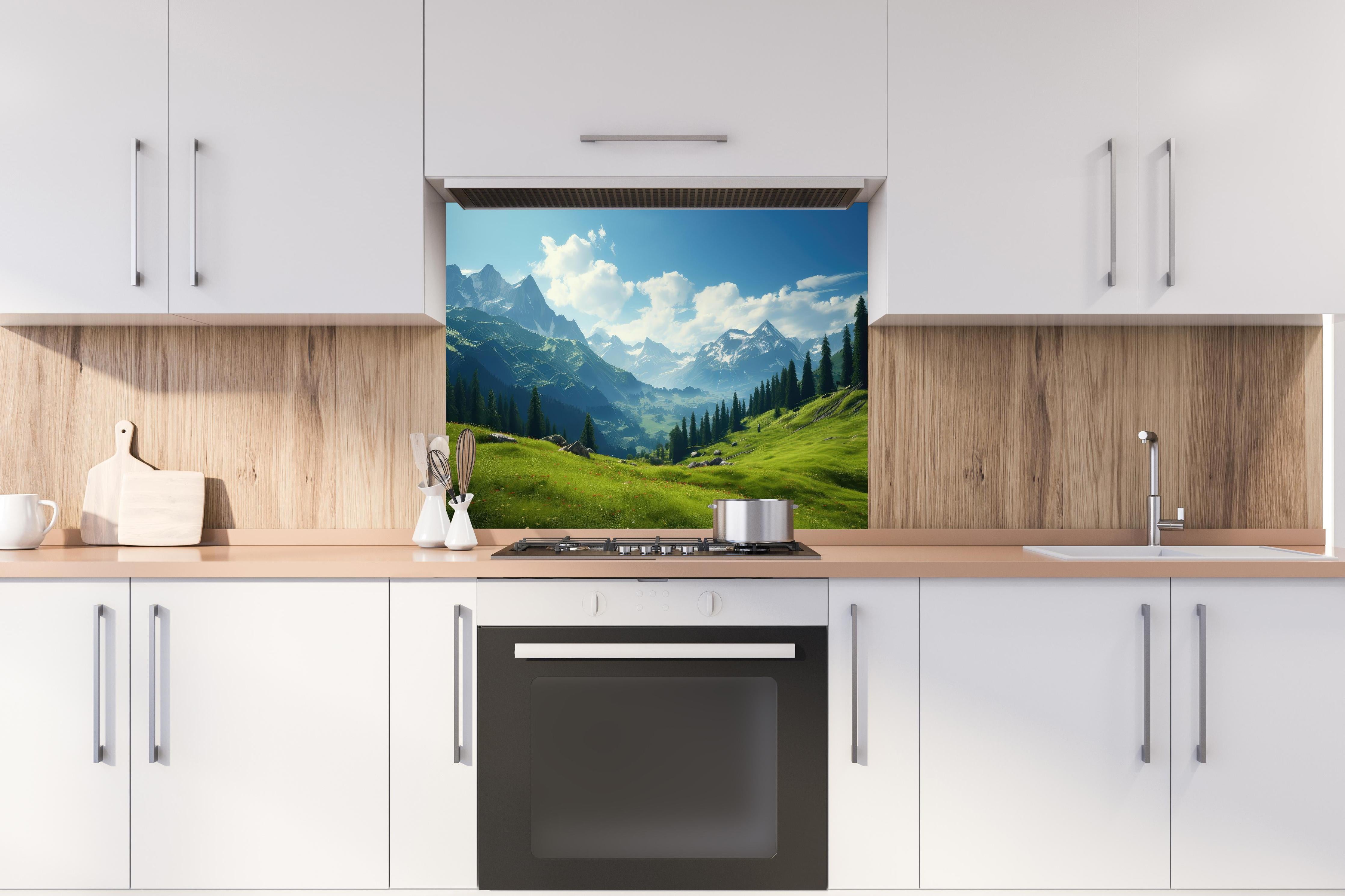 Spritzschutz - Idyllische Alpenlandschaft in Sommerfrische hinter einem Cerankochfeld zwischen Holz-Kochutensilien