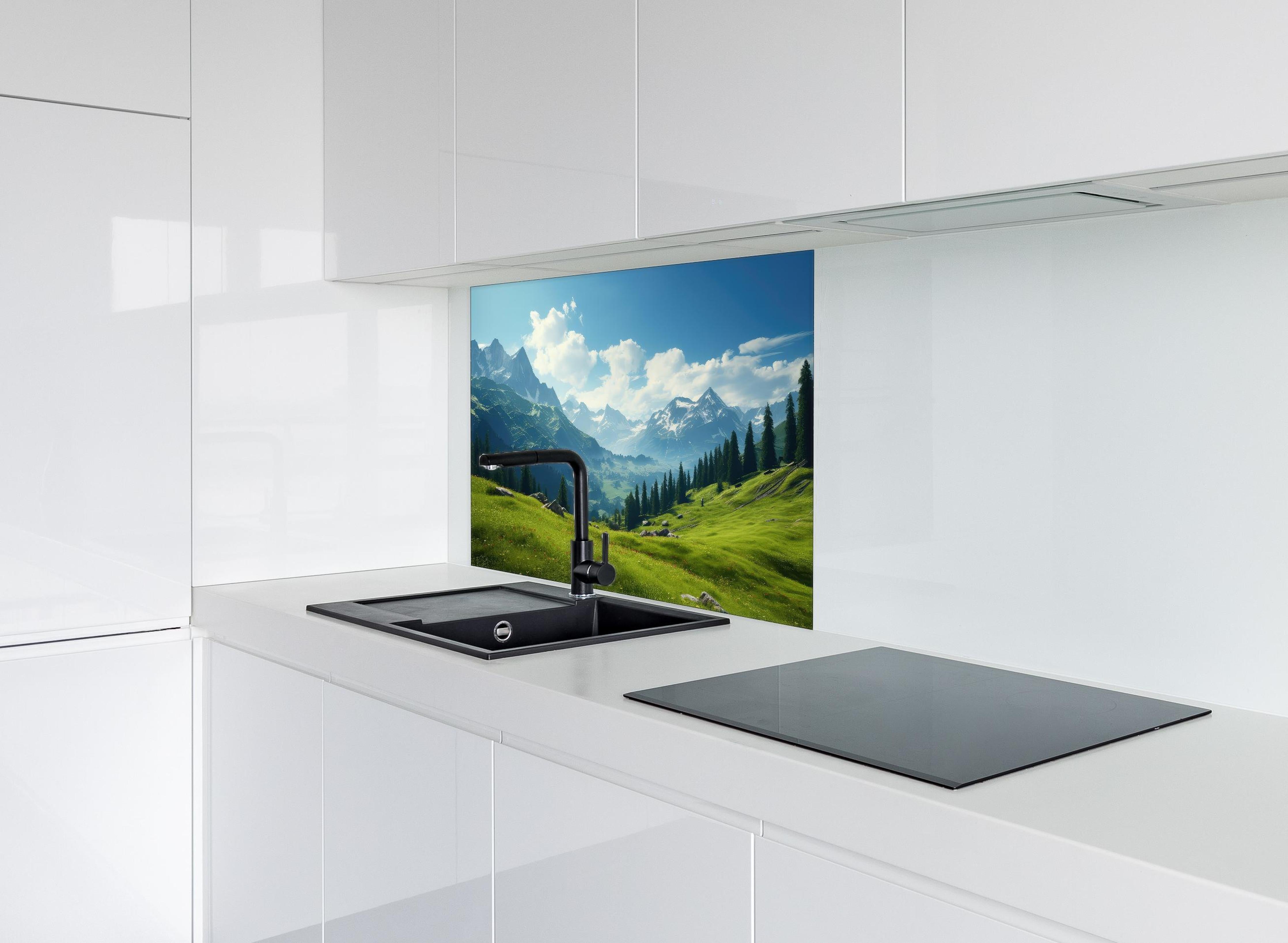 Spritzschutz - Idyllische Alpenlandschaft in Sommerfrische hinter einem Cerankochfeld zwischen Holz-Kochutensilien