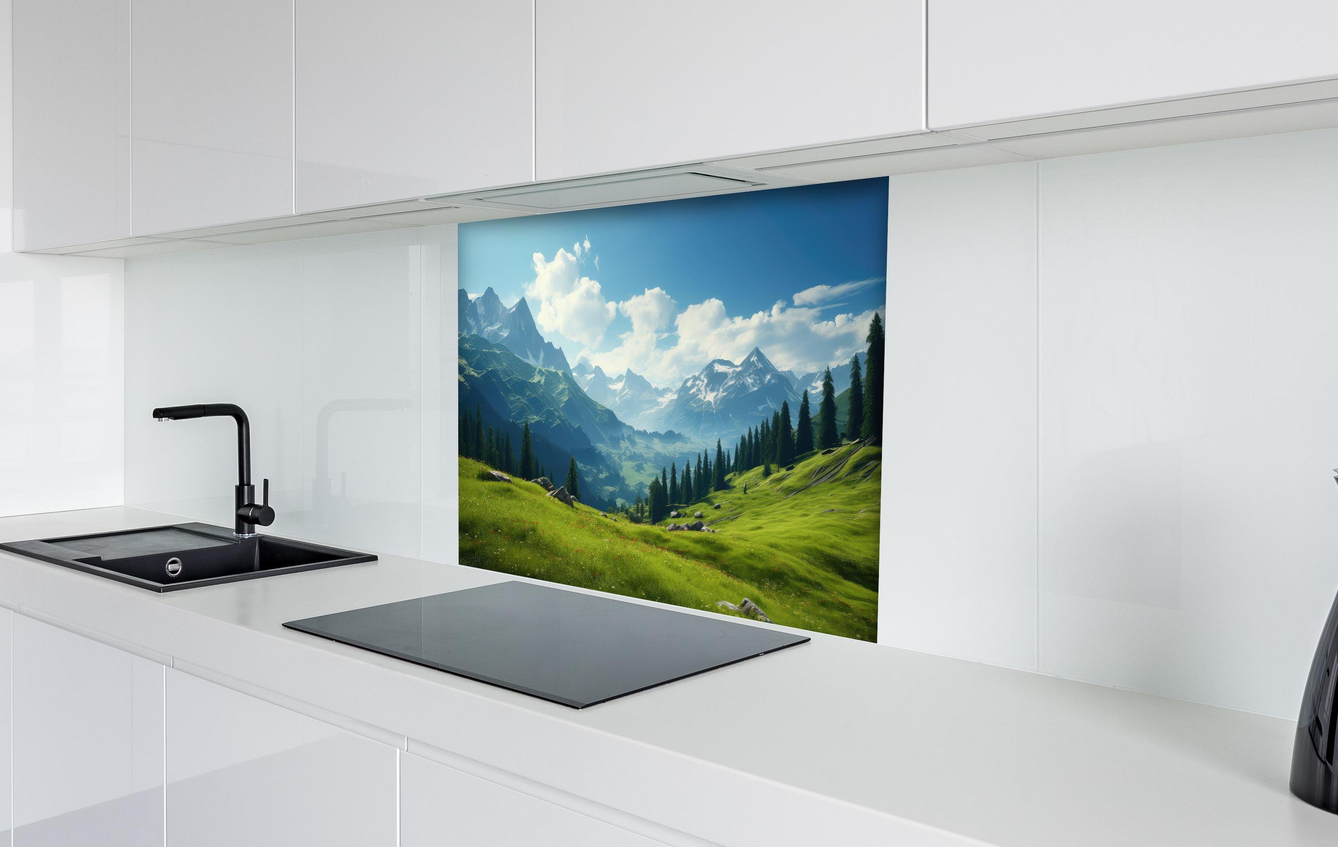 Spritzschutz - Idyllische Alpenlandschaft in Sommerfrische hinter einem Cerankochfeld zwischen Holz-Kochutensilien