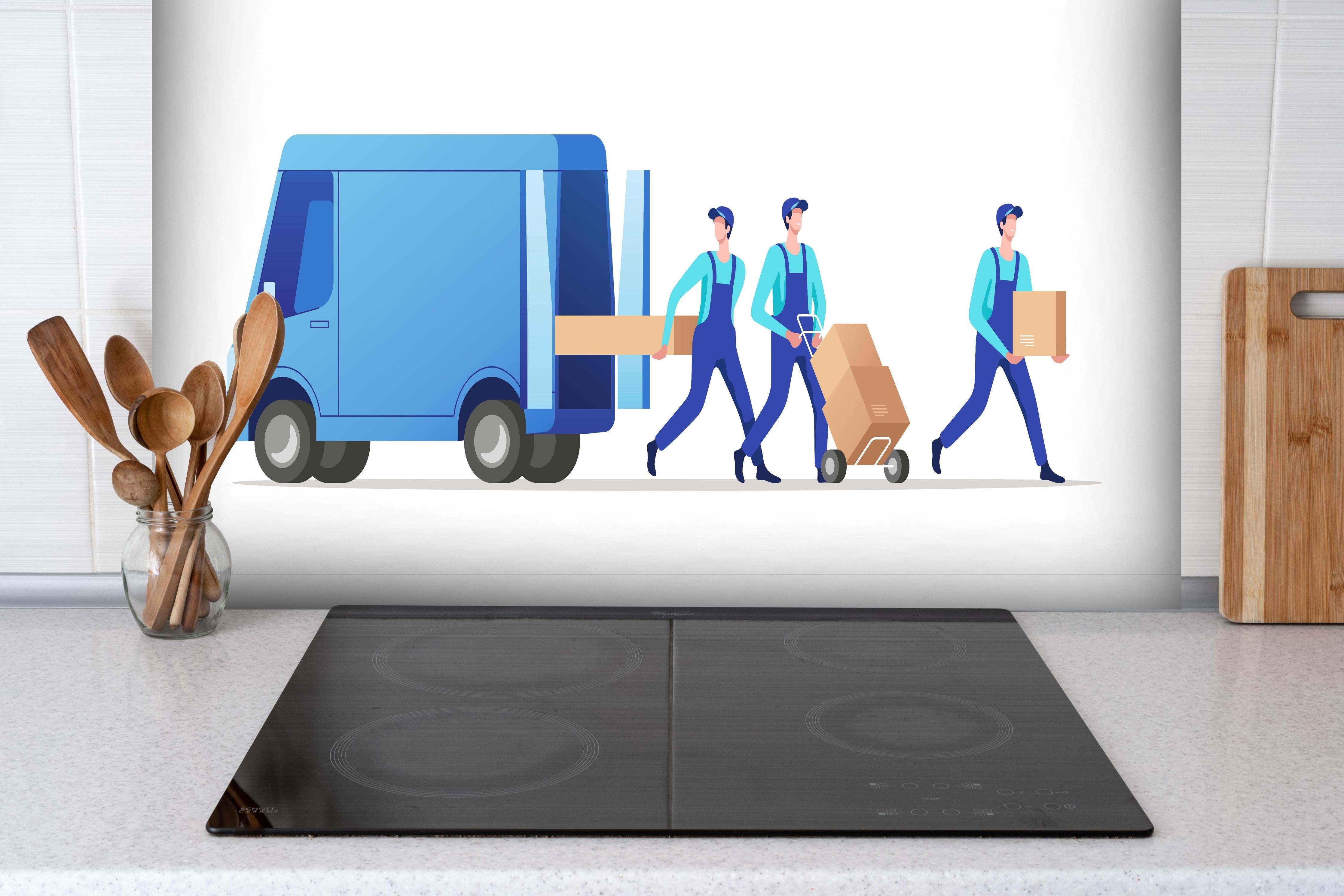 Spritzschutz - Illustration Lieferdienst Team Effizienz hinter einem Cerankochfeld zwischen Holz-Kochutensilien