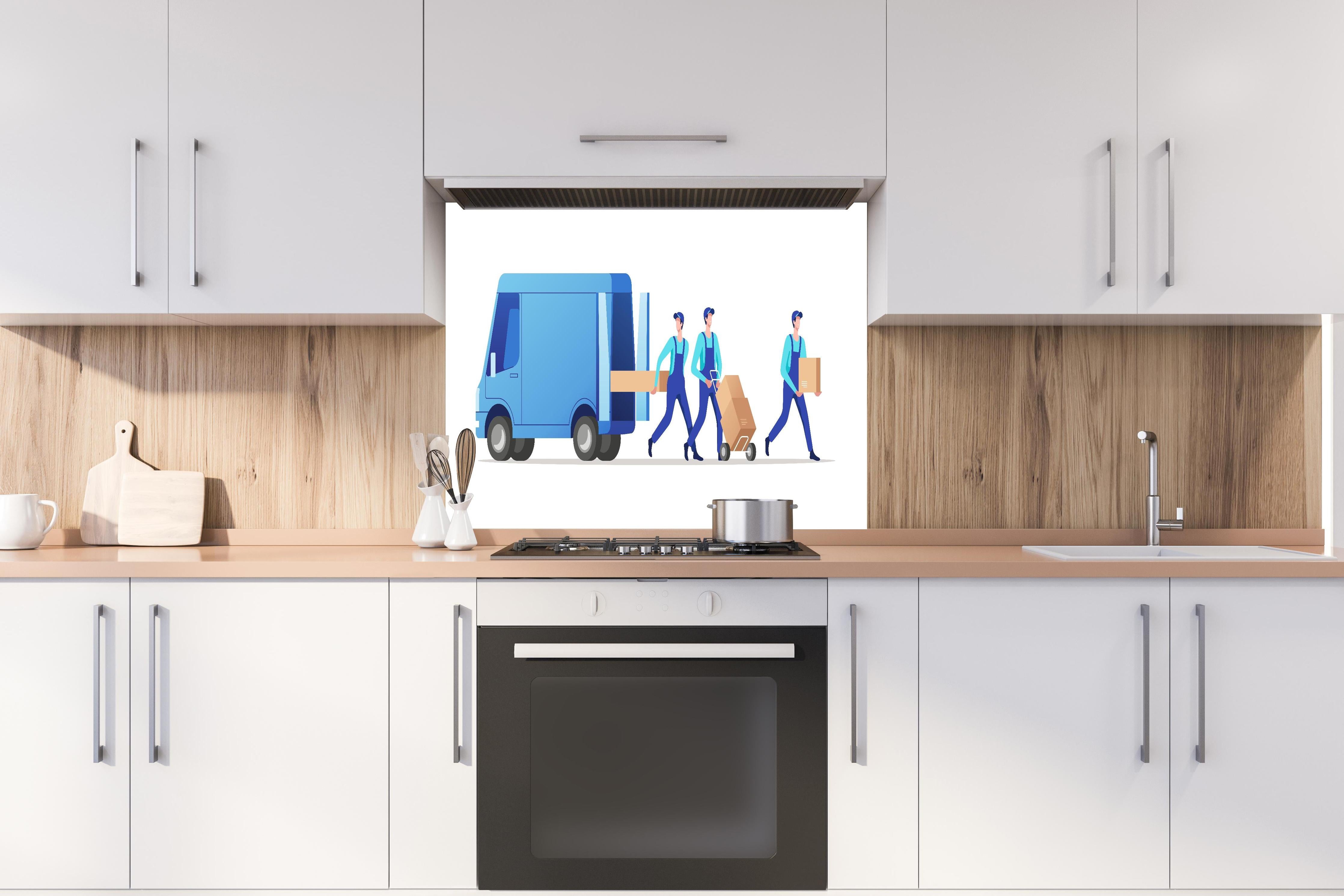 Spritzschutz - Illustration Lieferdienst Team Effizienz hinter einem Cerankochfeld zwischen Holz-Kochutensilien