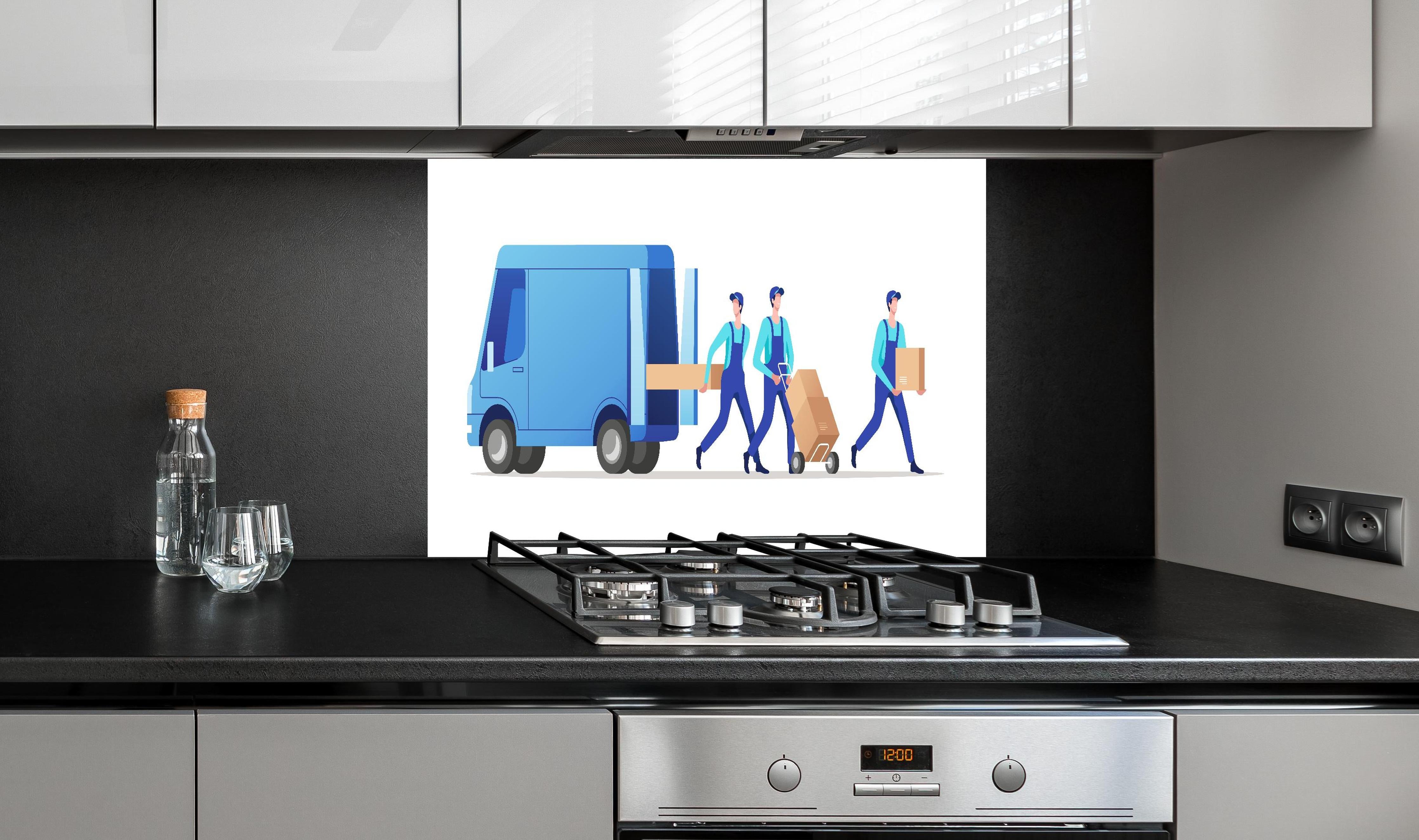 Spritzschutz - Illustration Lieferdienst Team Effizienz hinter einem Cerankochfeld zwischen Holz-Kochutensilien