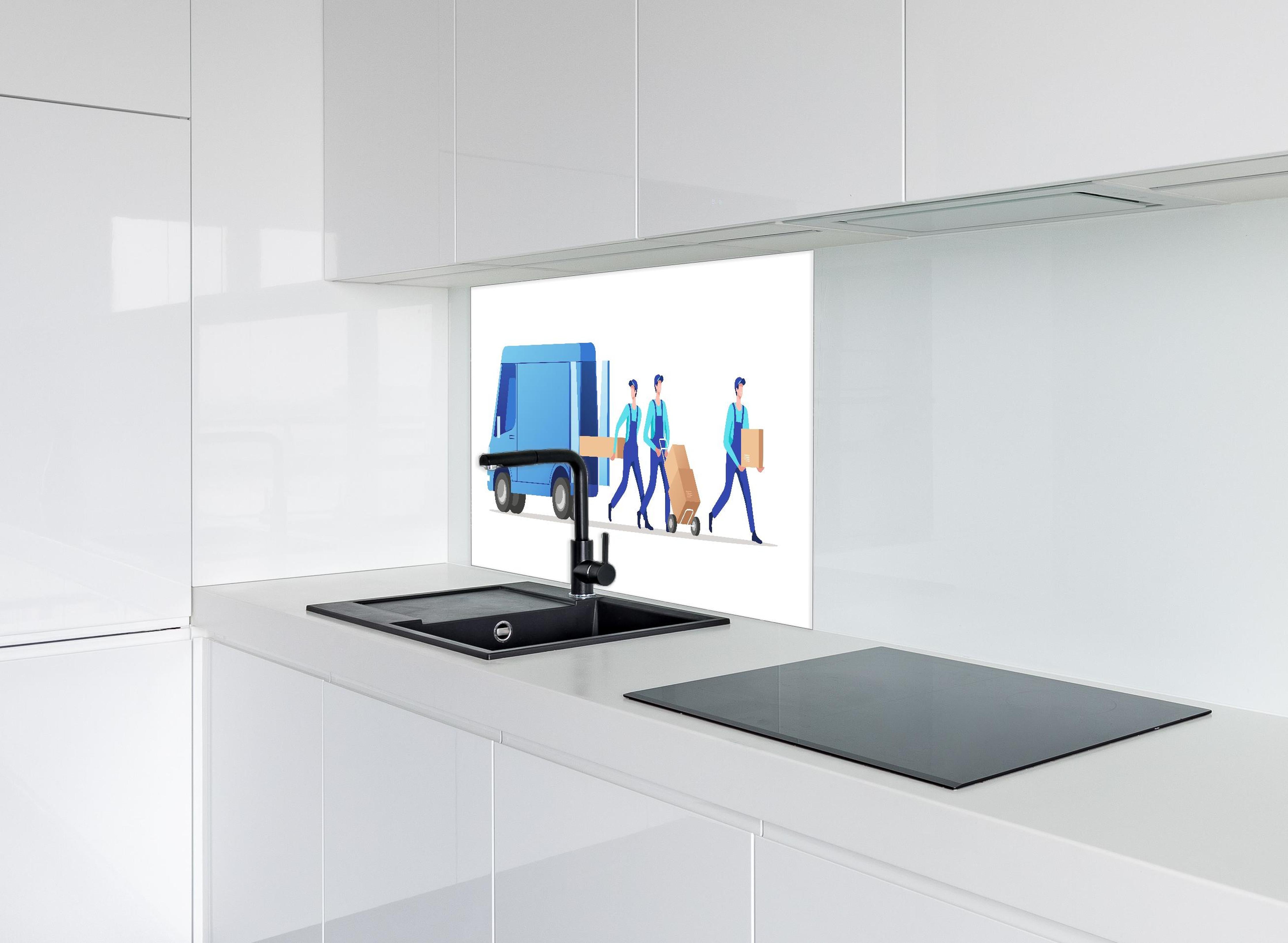 Spritzschutz - Illustration Lieferdienst Team Effizienz hinter einem Cerankochfeld zwischen Holz-Kochutensilien