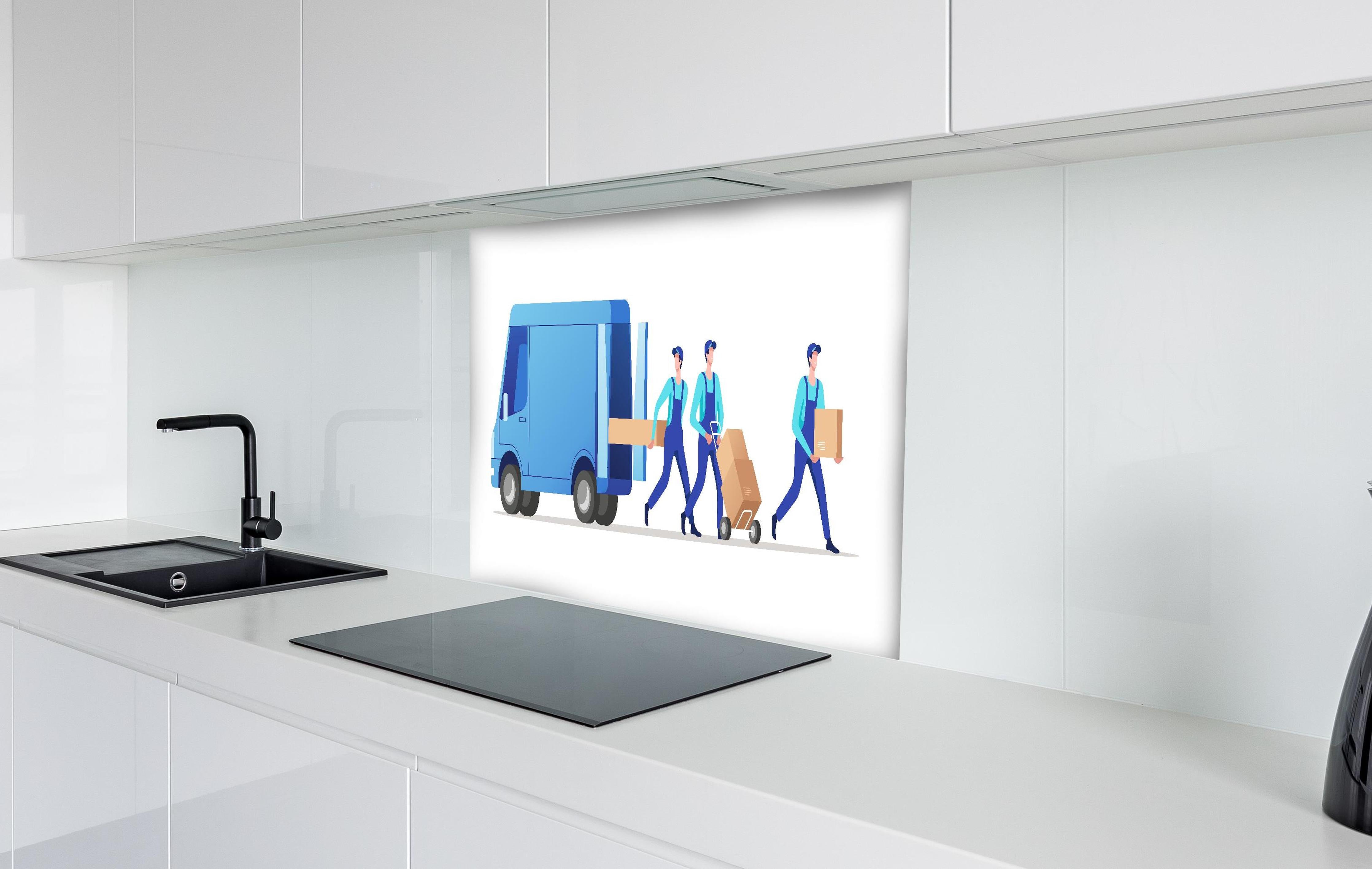 Spritzschutz - Illustration Lieferdienst Team Effizienz hinter einem Cerankochfeld zwischen Holz-Kochutensilien