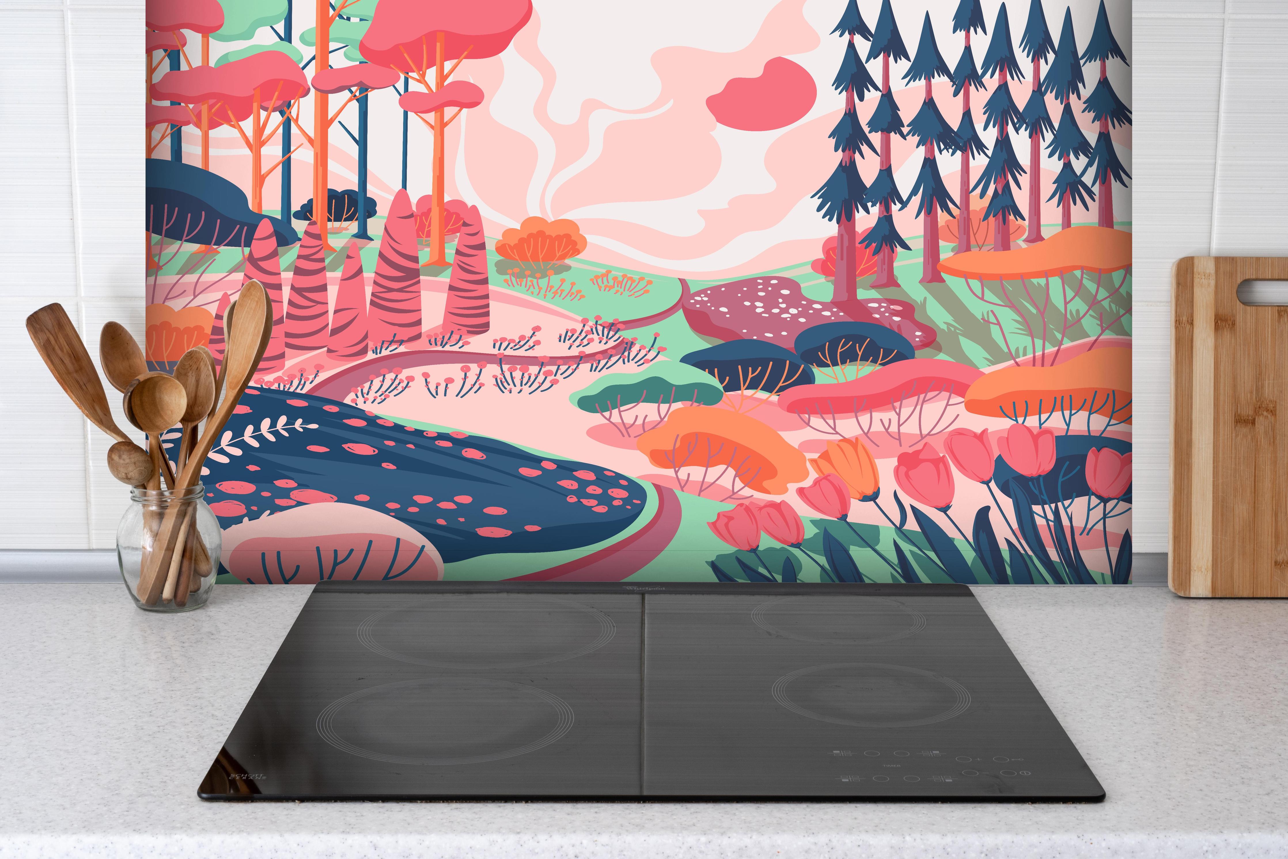 Spritzschutz - Illustrative Waldszene in Pastellfarbtönen hinter einem Cerankochfeld zwischen Holz-Kochutensilien