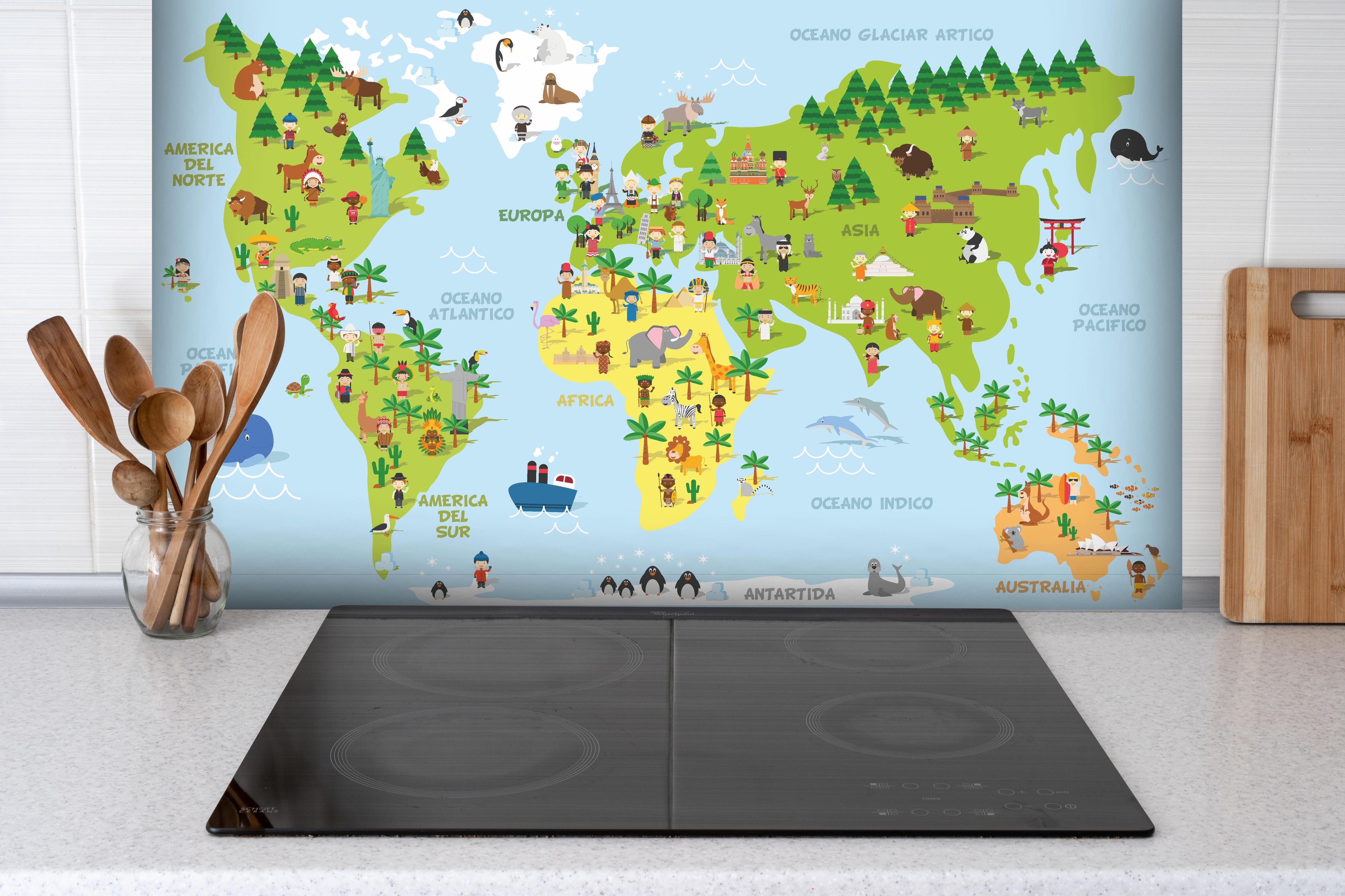 Spritzschutz - Illustrative Weltkarte für Kinder Lernspielzeug hinter einem Cerankochfeld zwischen Holz-Kochutensilien