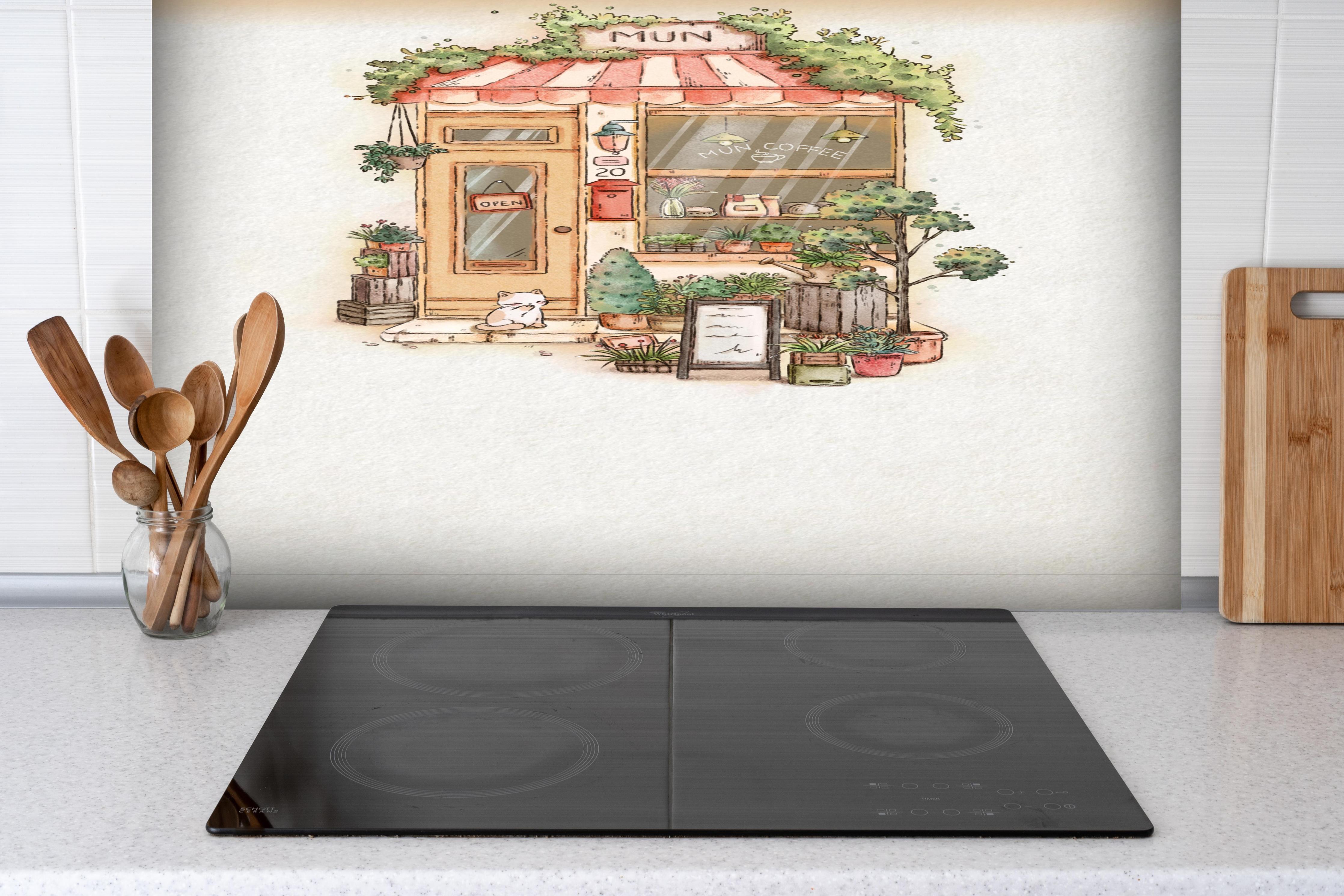 Spritzschutz - Illustrierter gemütlicher Coffee-Shop mit Katze hinter einem Cerankochfeld zwischen Holz-Kochutensilien