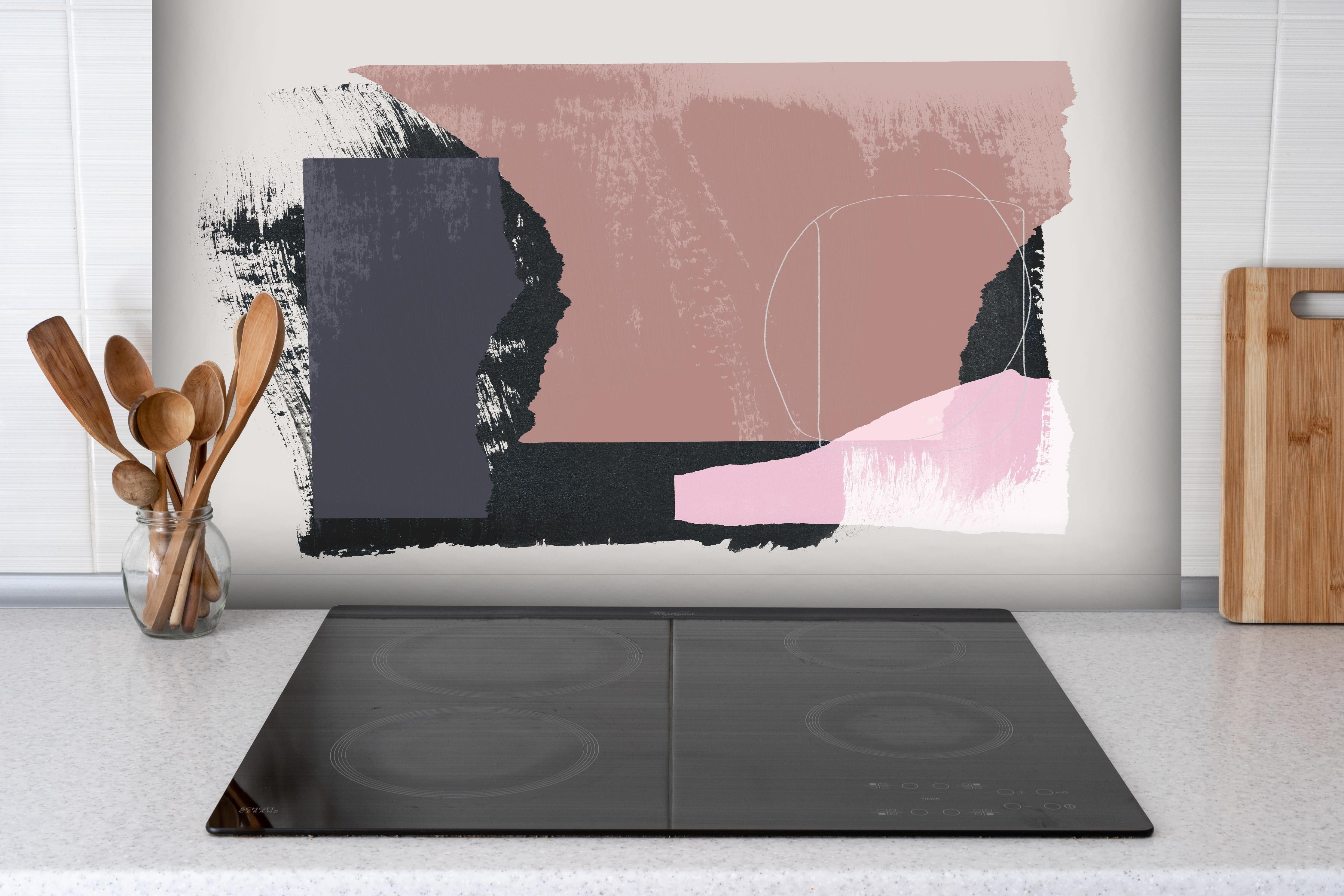 Spritzschutz - Island Wasserfall bei Sonnenuntergang hinter einem Cerankochfeld zwischen Holz-Kochutensilien