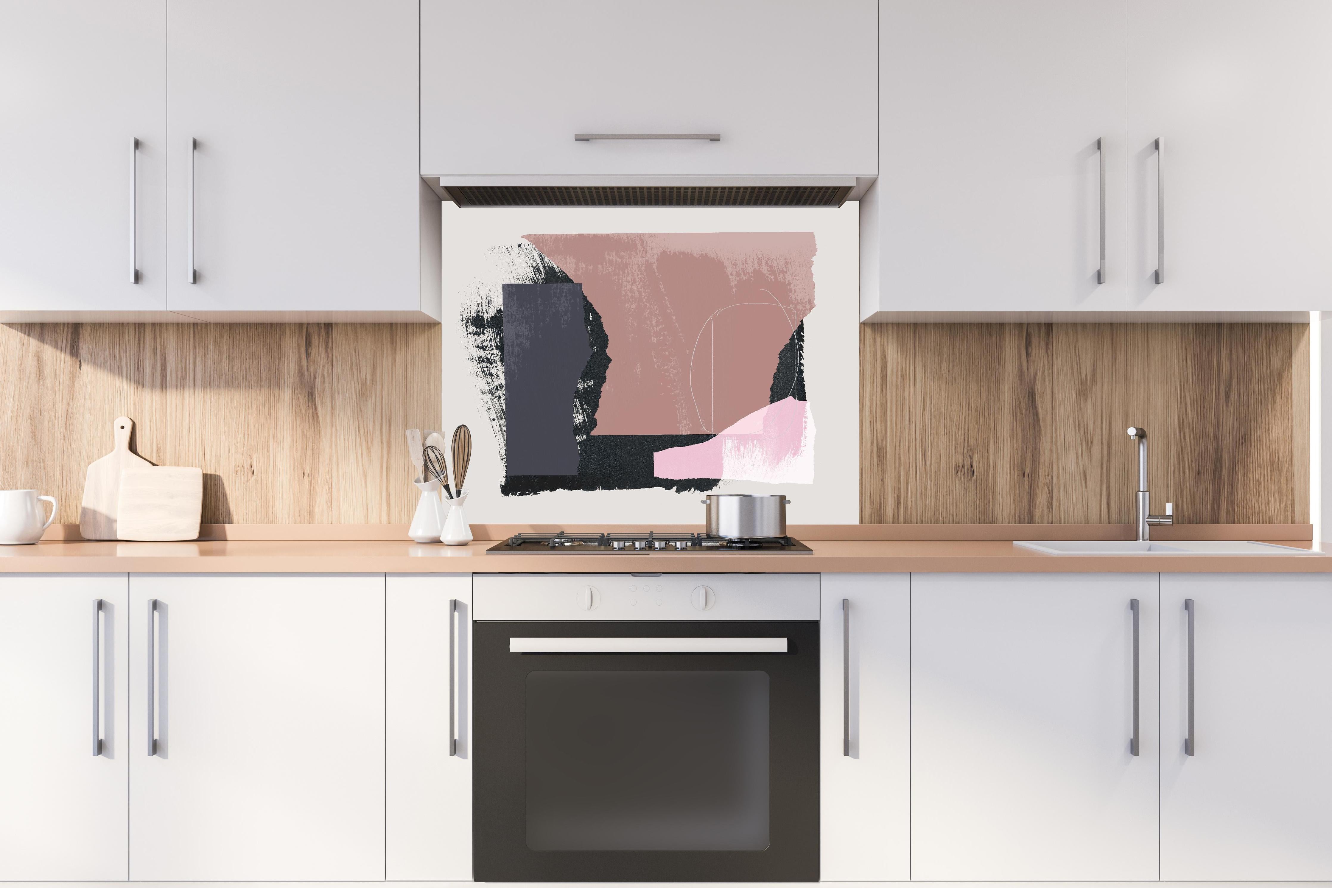 Spritzschutz - Island Wasserfall bei Sonnenuntergang hinter einem Cerankochfeld zwischen Holz-Kochutensilien