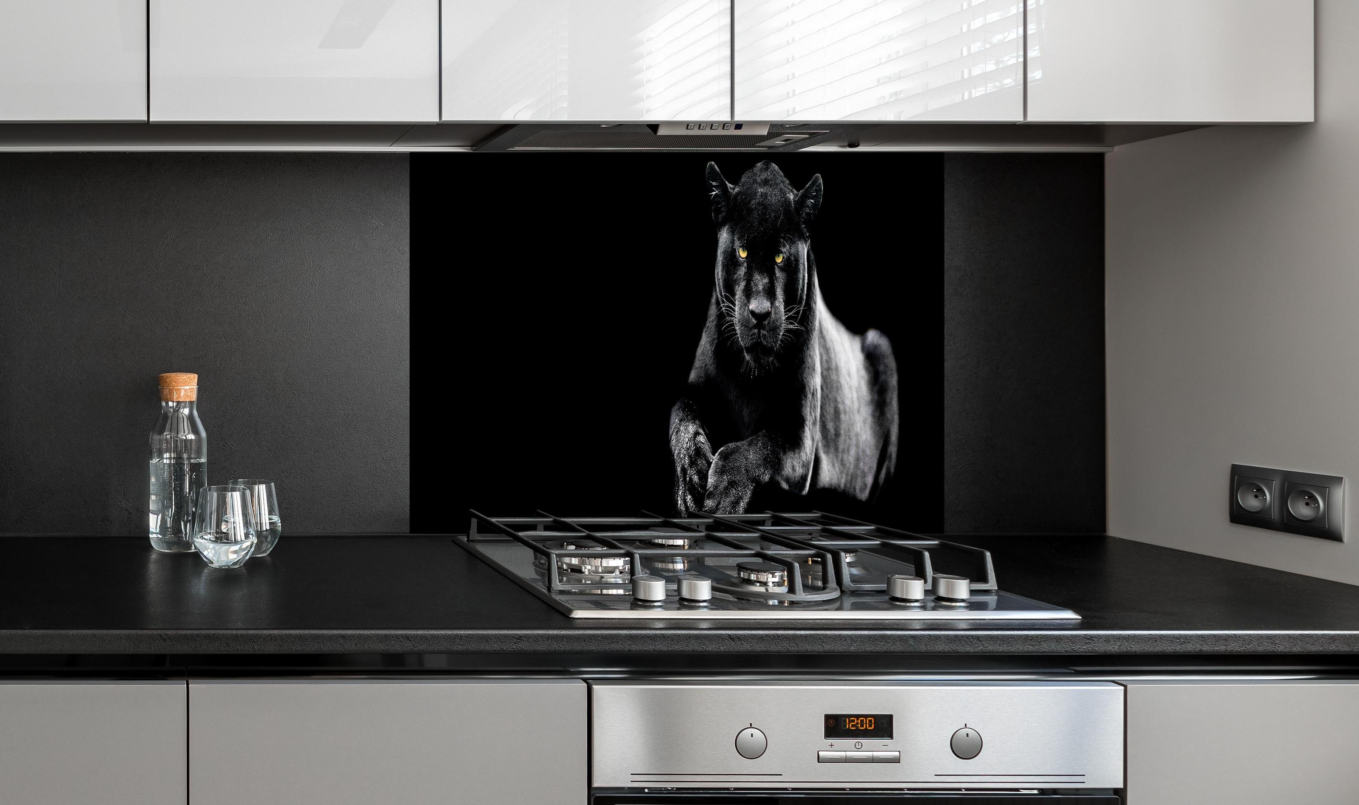 Spritzschutz - Jaguar auf schwarzem Hintergrund hinter einem Cerankochfeld zwischen Holz-Kochutensilien