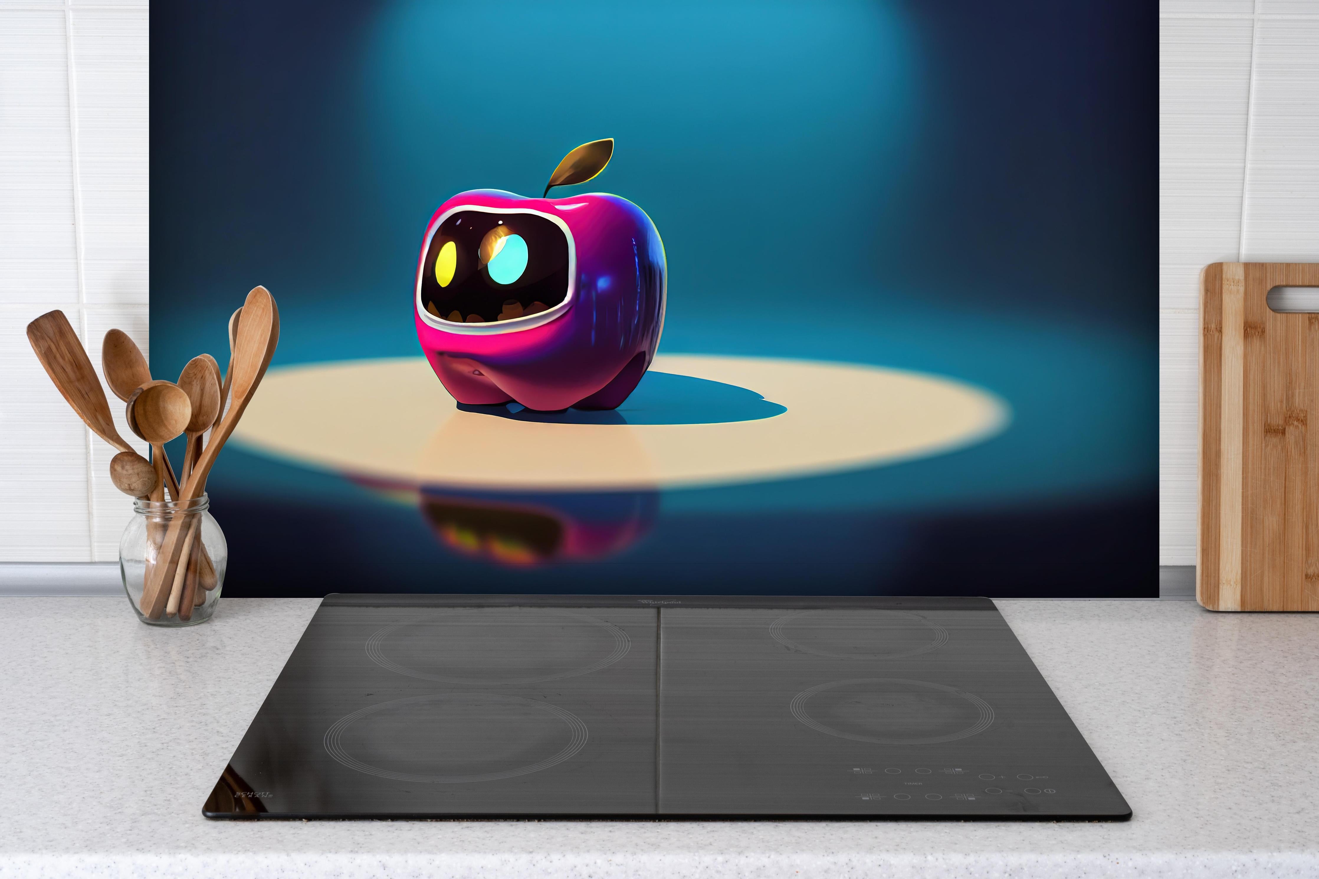 Spritzschutz - Kindermotiv - 3D Apfelroboter hinter einem Cerankochfeld zwischen Holz-Kochutensilien