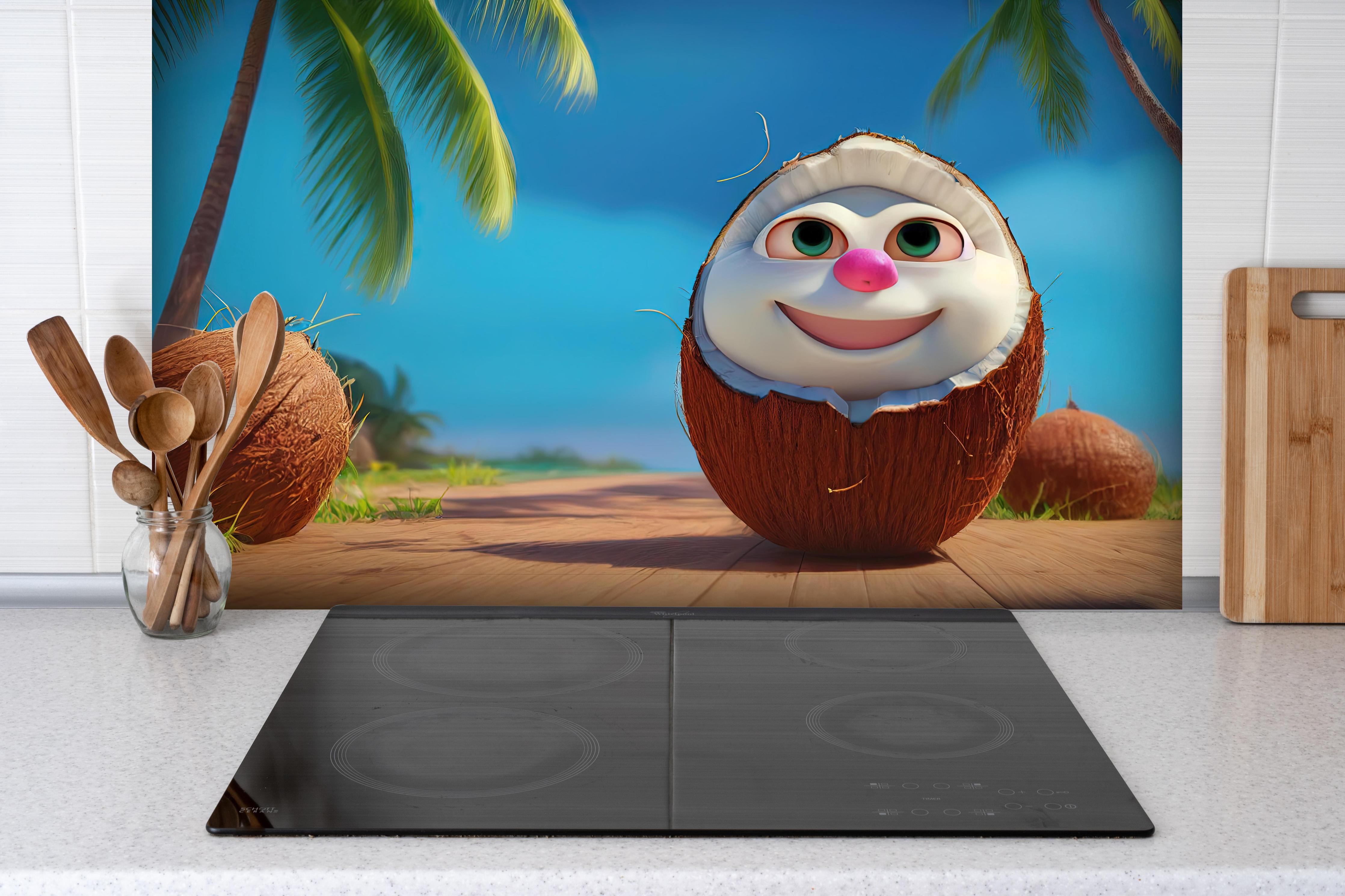 Spritzschutz - Kindermotiv - 3D Kokosnuss Charakter unter Palmen hinter einem Cerankochfeld zwischen Holz-Kochutensilien