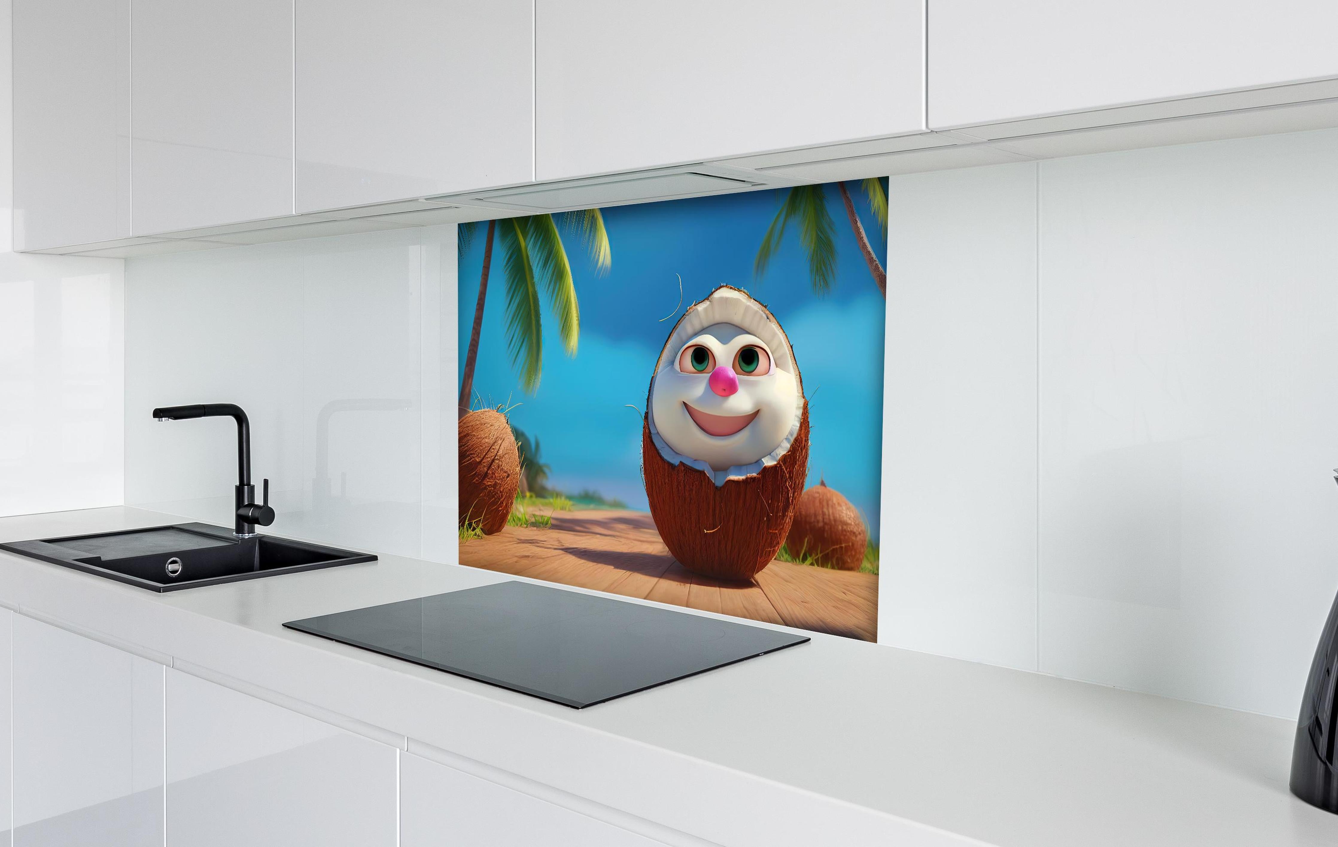 Spritzschutz - Kindermotiv - 3D Kokosnuss Charakter unter Palmen hinter einem Cerankochfeld zwischen Holz-Kochutensilien