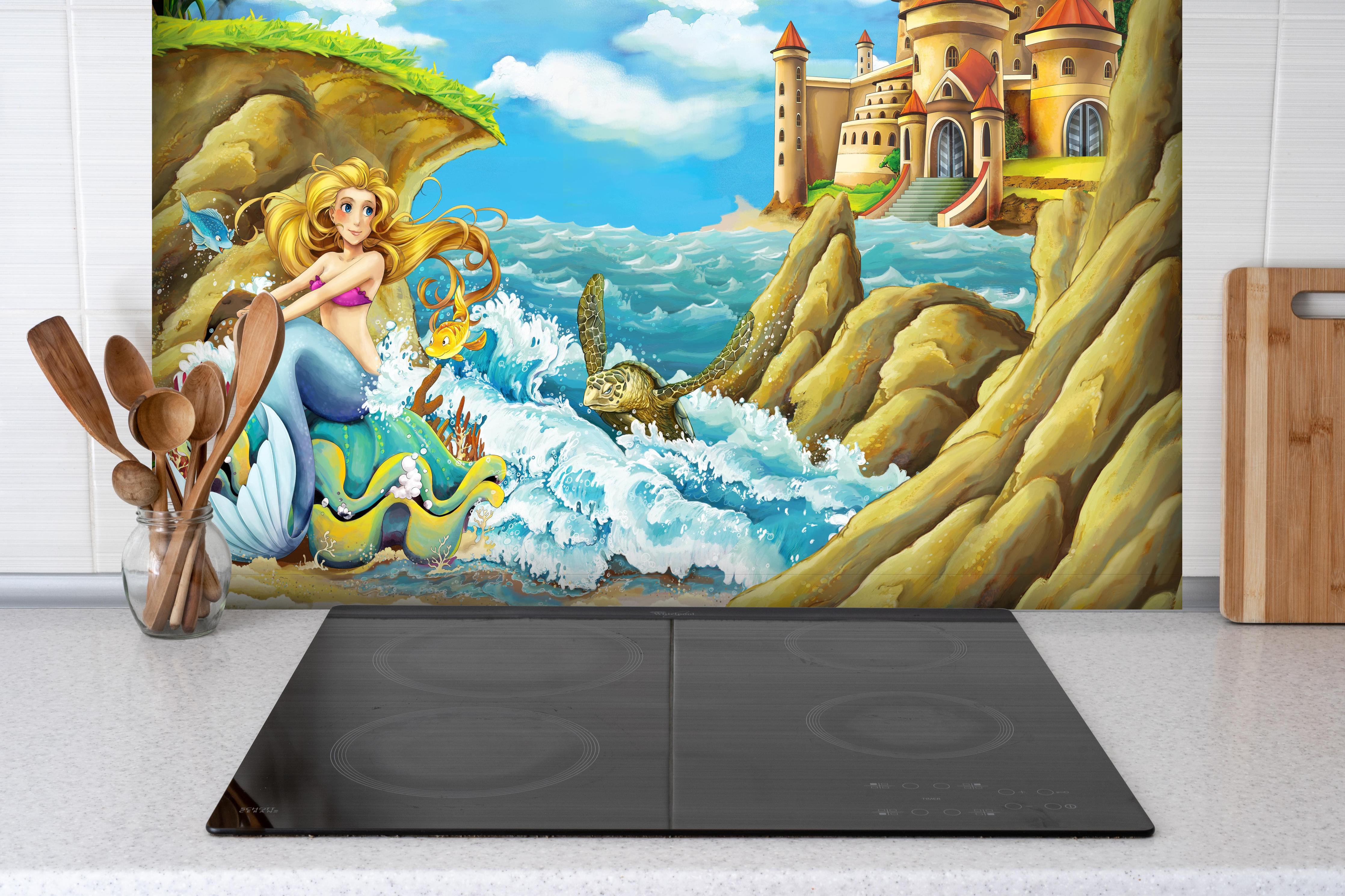 Spritzschutz - Kindermotiv - Meerjungfrau mit Aussicht auf Schloss hinter einem Cerankochfeld zwischen Holz-Kochutensilien
