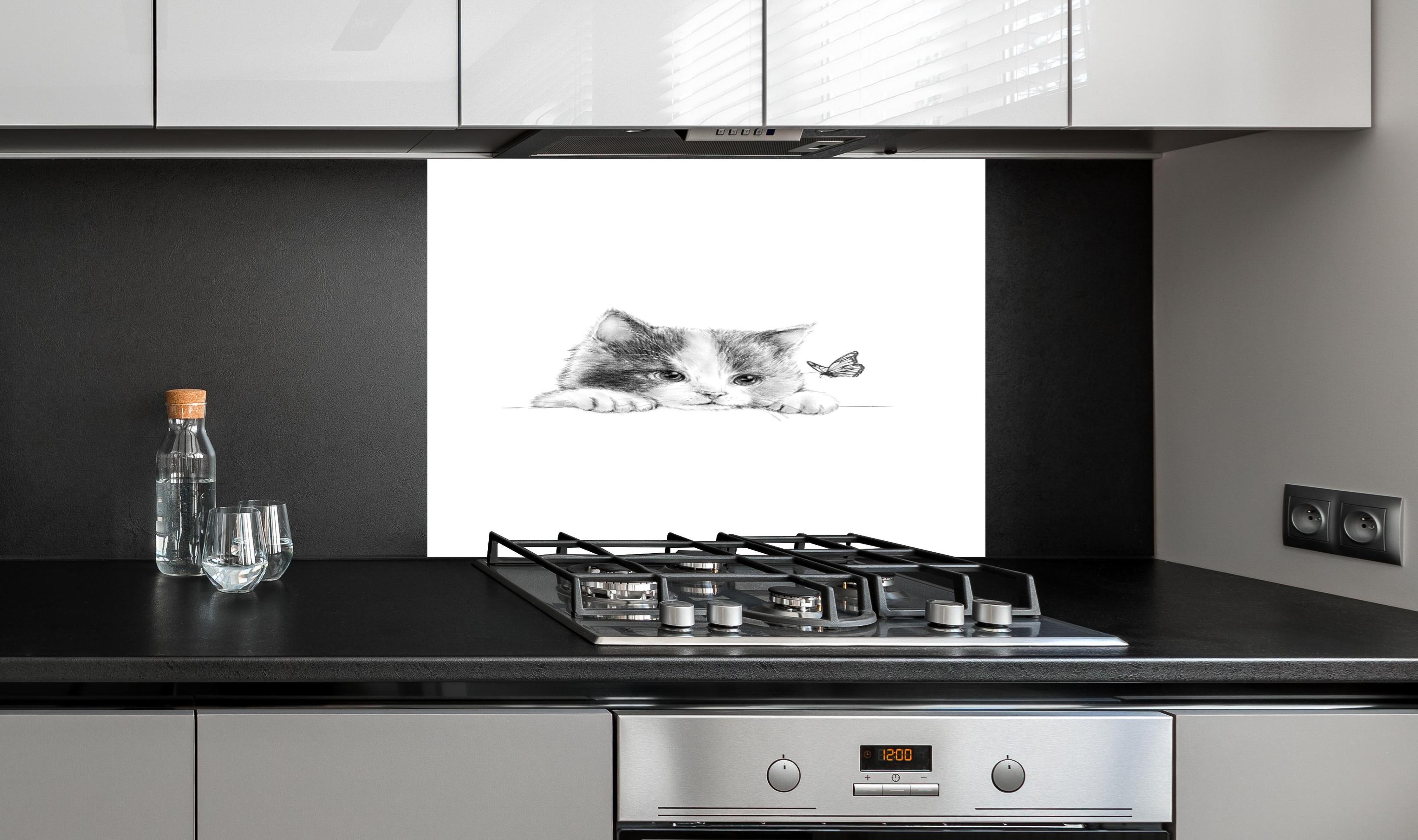 Spritzschutz - Kindermotiv einer Katze - schwarz-weiß hinter einem Cerankochfeld zwischen Holz-Kochutensilien