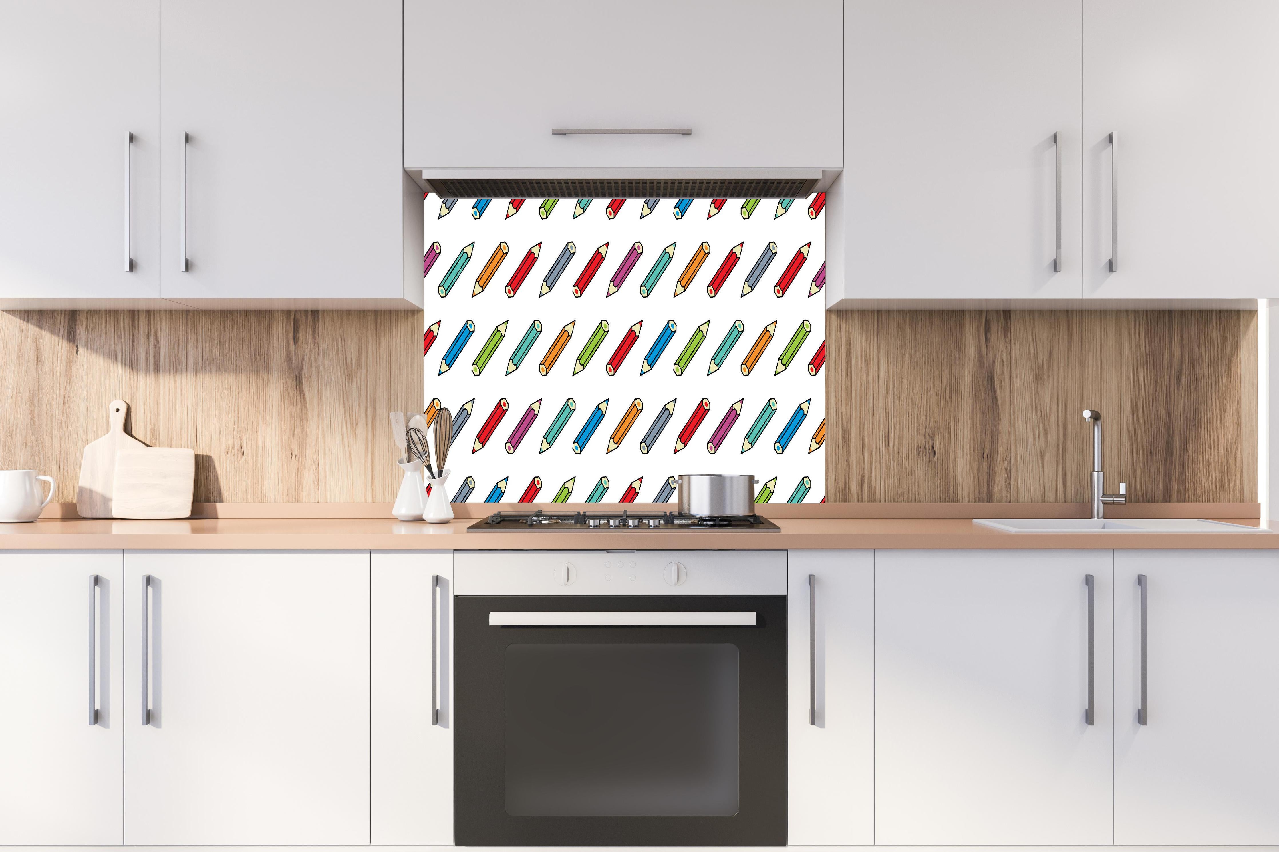 Spritzschutz - Kreative Bleistiftzeichnung Kunstdruck Muster hinter einem Cerankochfeld zwischen Holz-Kochutensilien