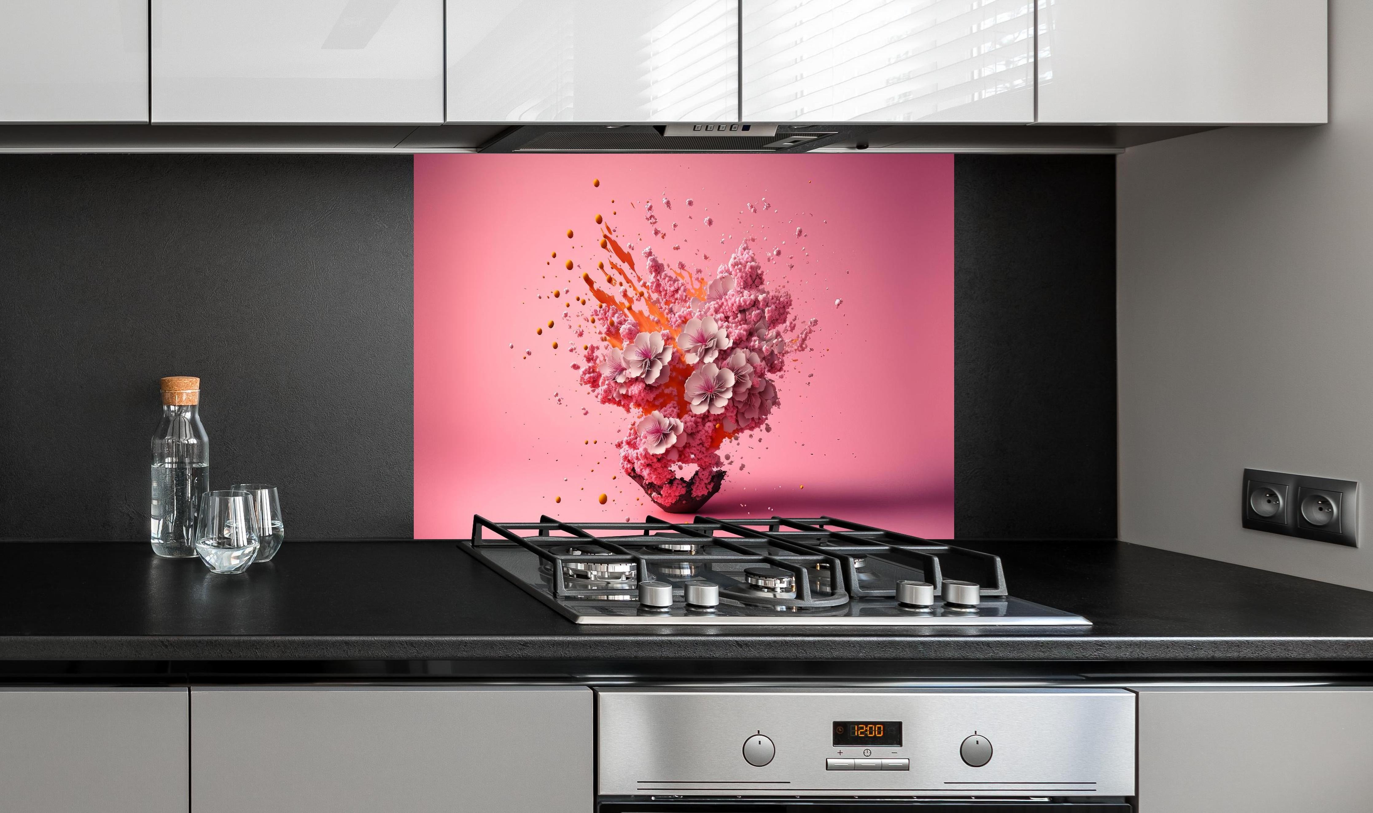 Spritzschutz - Kreative Kirschblüten Petalen Explosion hinter einem Cerankochfeld zwischen Holz-Kochutensilien