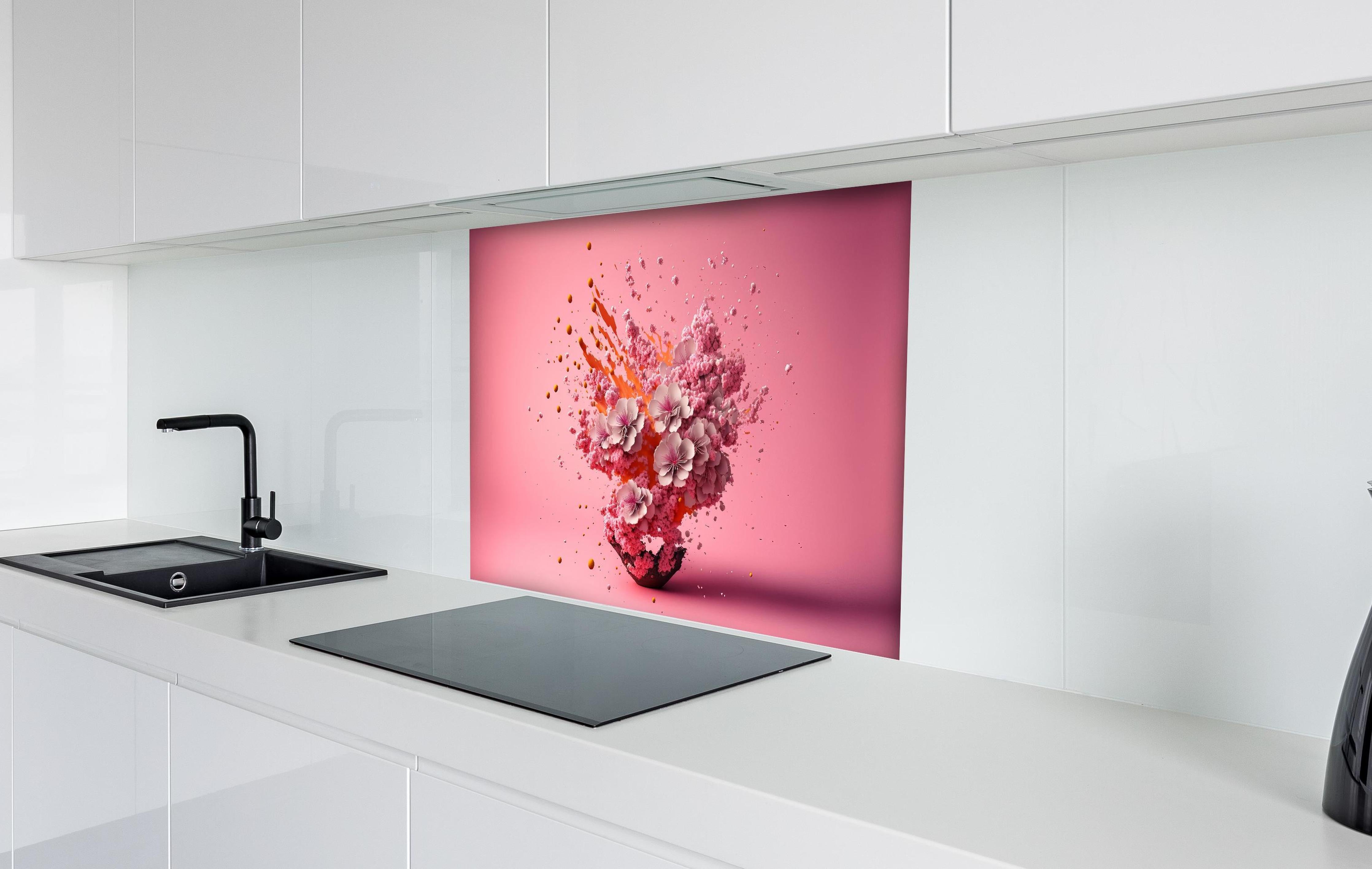Spritzschutz - Kreative Kirschblüten Petalen Explosion hinter einem Cerankochfeld zwischen Holz-Kochutensilien