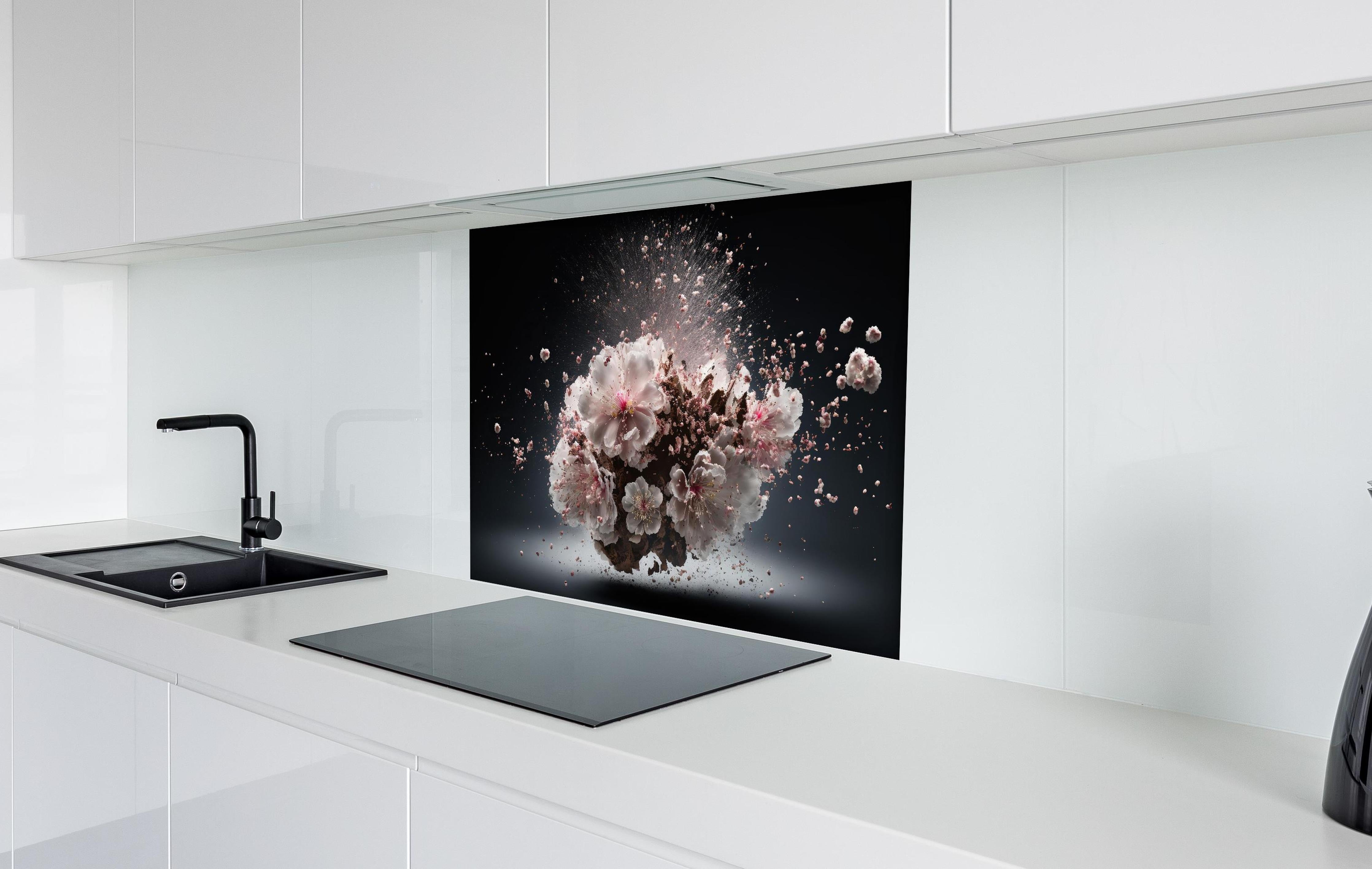 Spritzschutz - Kreative Kirschblütenblütenexplosion 2 hinter einem Cerankochfeld zwischen Holz-Kochutensilien
