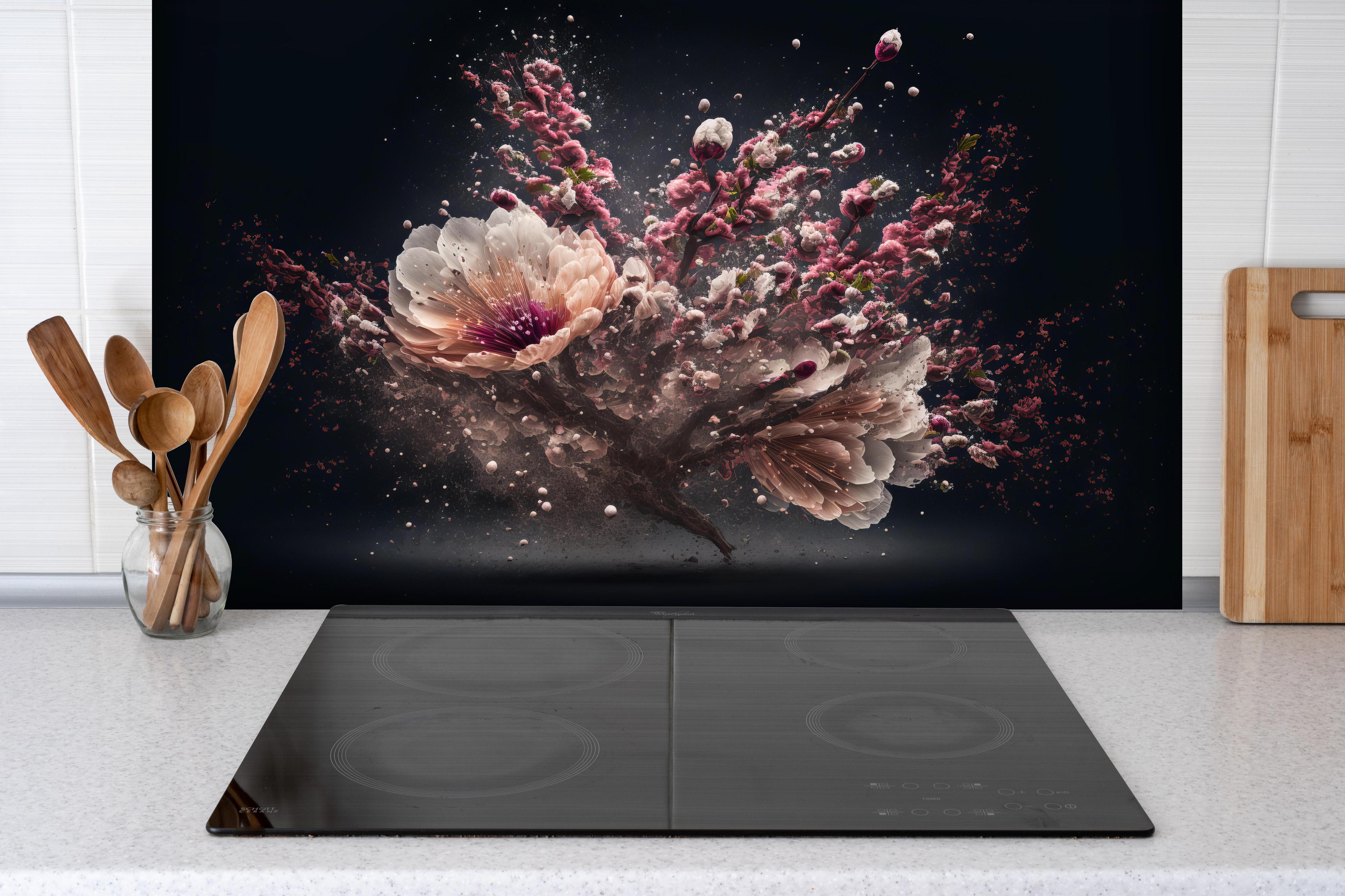 Spritzschutz - Kreative Kirschblütenblütenexplosion hinter einem Cerankochfeld zwischen Holz-Kochutensilien