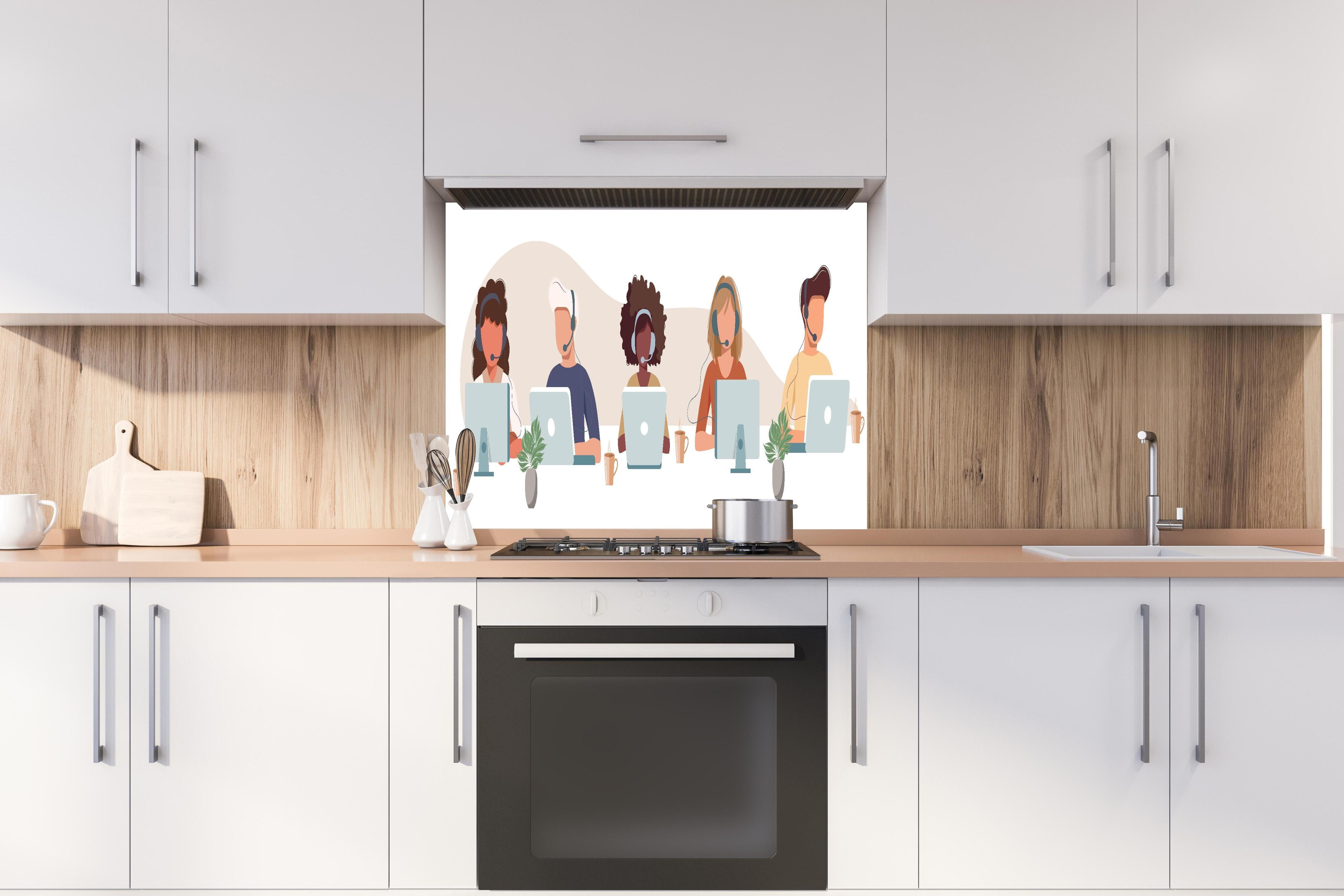 Spritzschutz - Kreatives Team bei der Arbeit Illustration hinter einem Cerankochfeld zwischen Holz-Kochutensilien