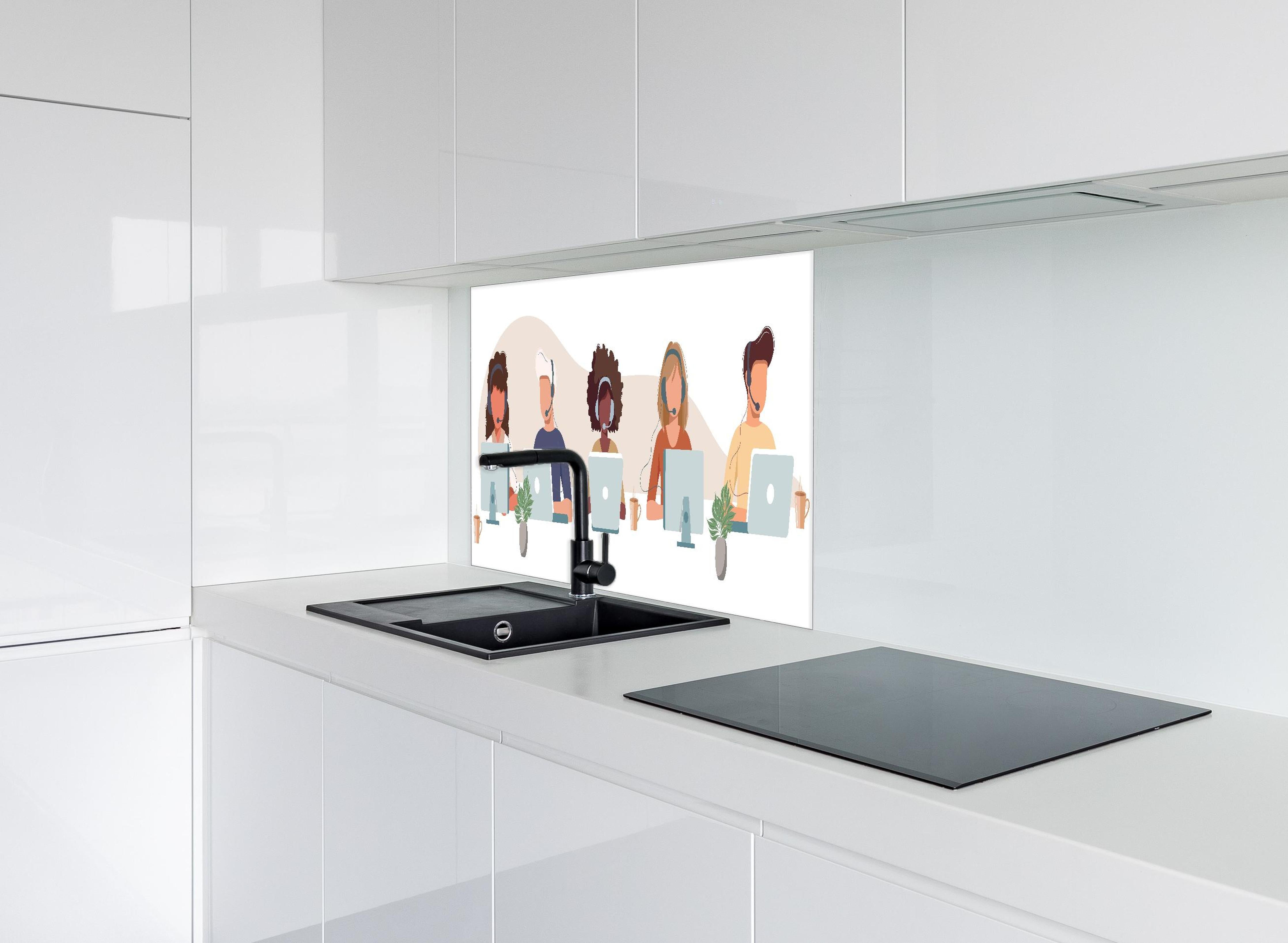 Spritzschutz - Kreatives Team bei der Arbeit Illustration hinter einem Cerankochfeld zwischen Holz-Kochutensilien