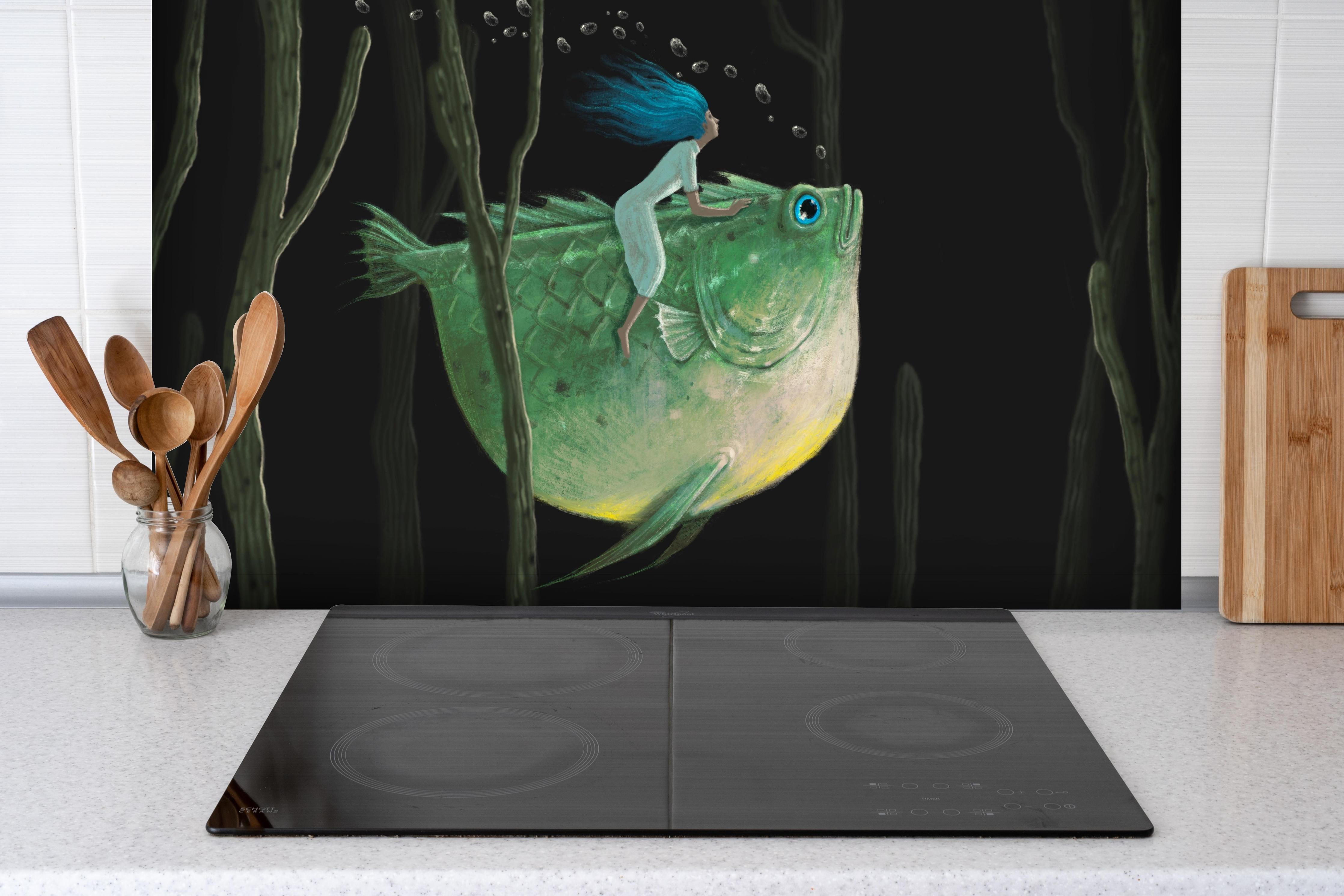 Spritzschutz - Künstlerische Darstellung - Fantasie hinter einem Cerankochfeld zwischen Holz-Kochutensilien