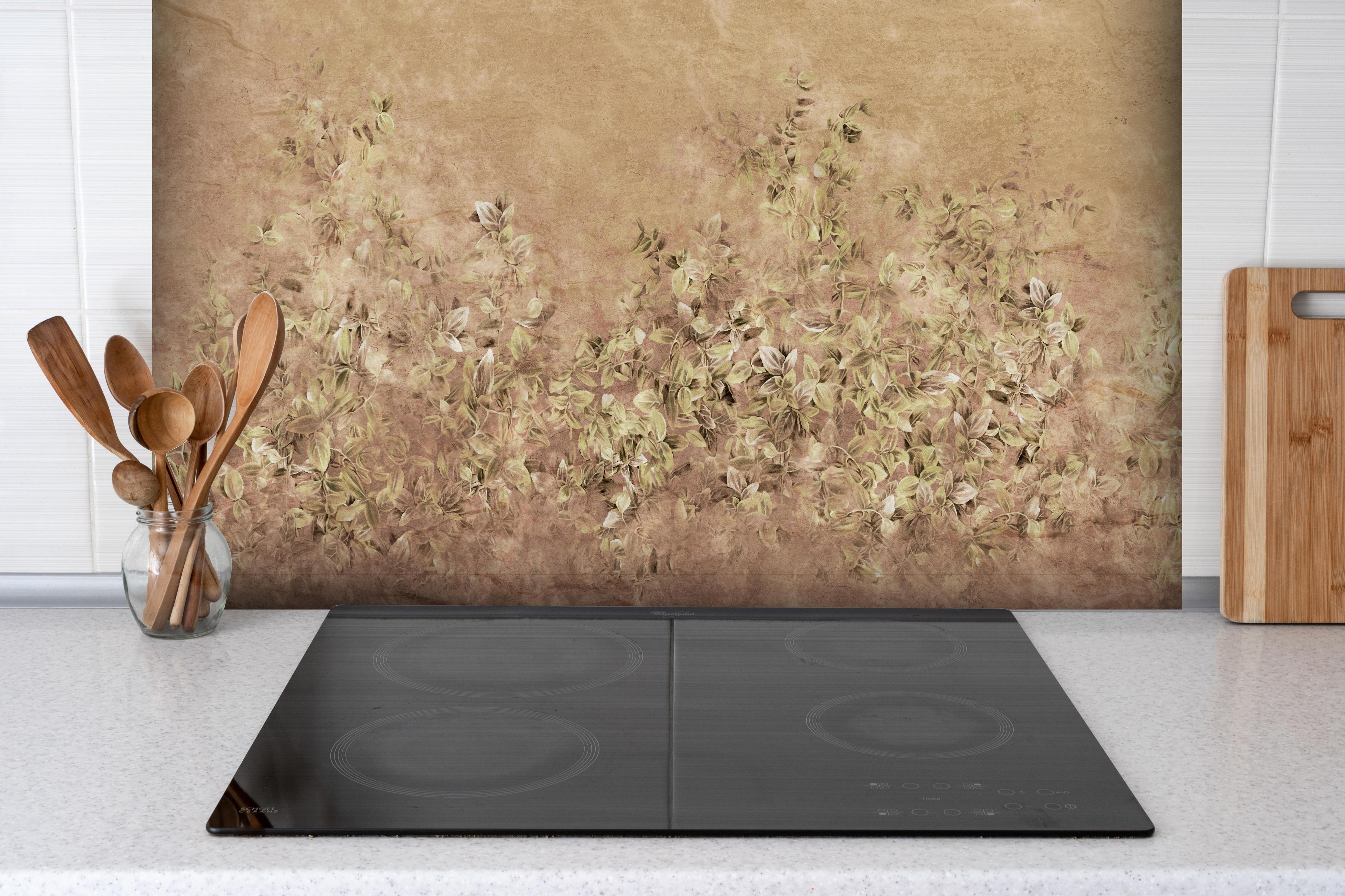 Spritzschutz - Kunstgemälde - Vintage hinter einem Cerankochfeld zwischen Holz-Kochutensilien