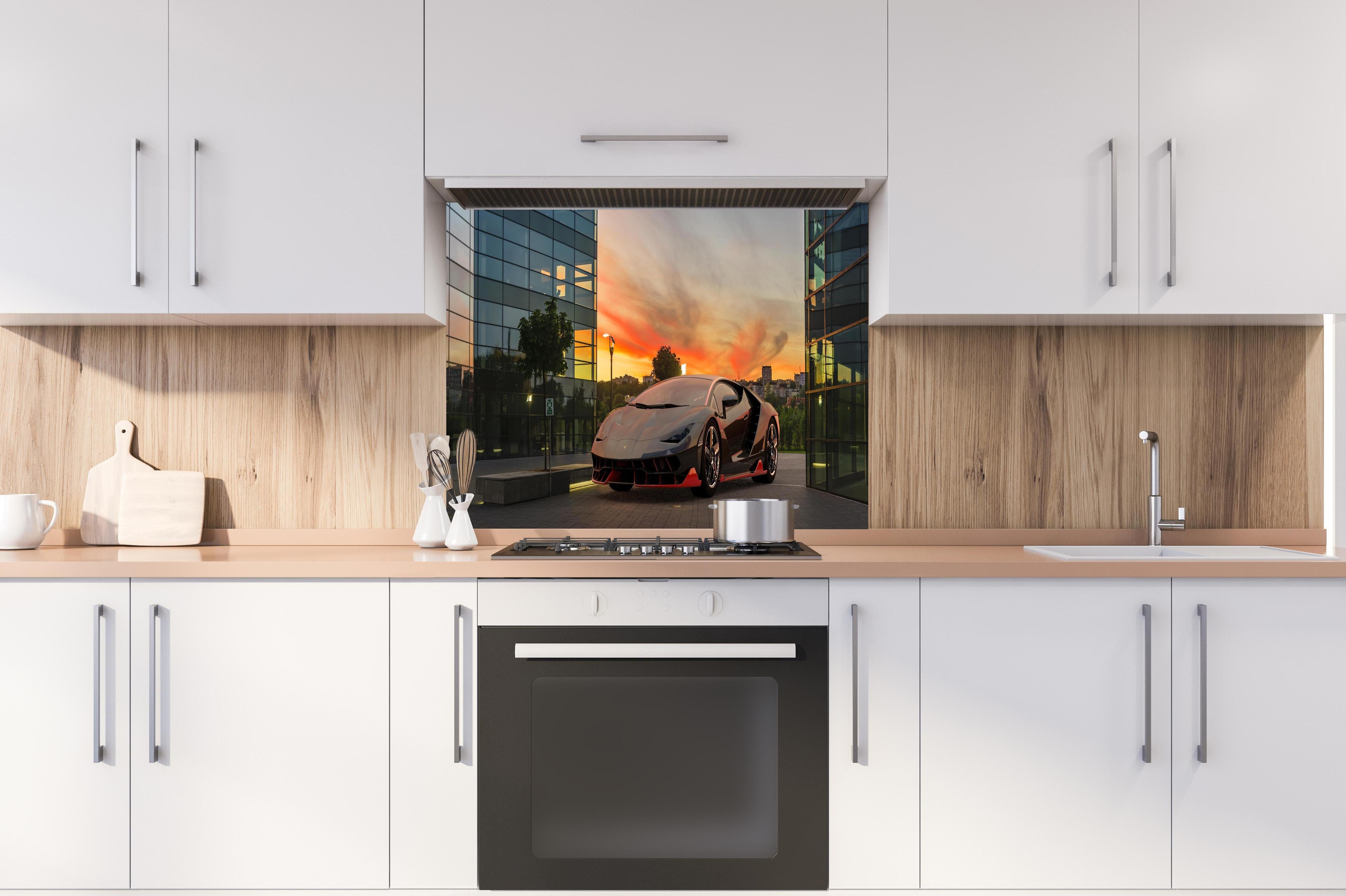 Spritzschutz - Lamborghini Centenario bei Sonnenuntergang hinter einem Cerankochfeld zwischen Holz-Kochutensilien