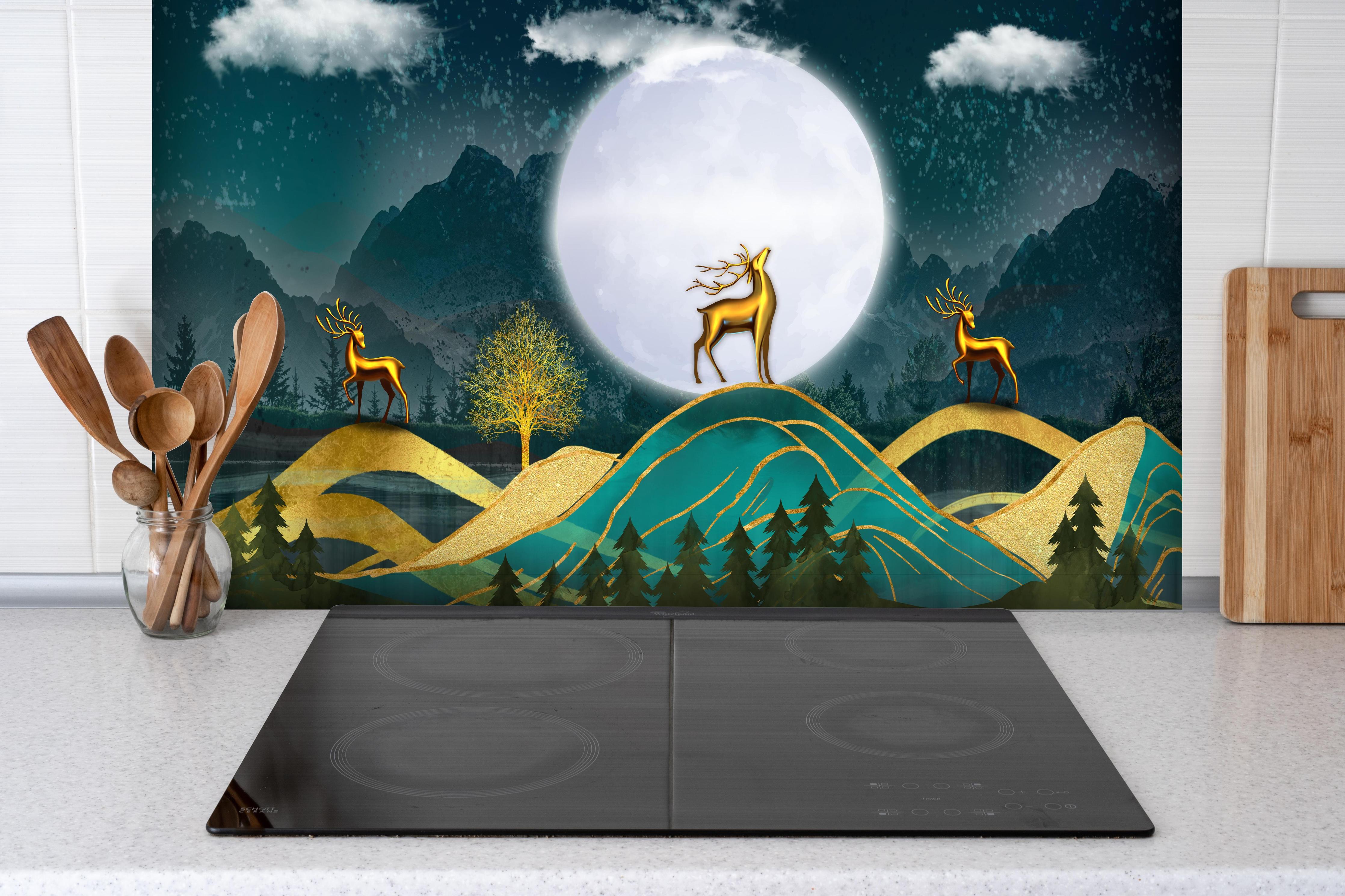 Spritzschutz - Landschafts Darstellung - Grafik hinter einem Cerankochfeld zwischen Holz-Kochutensilien