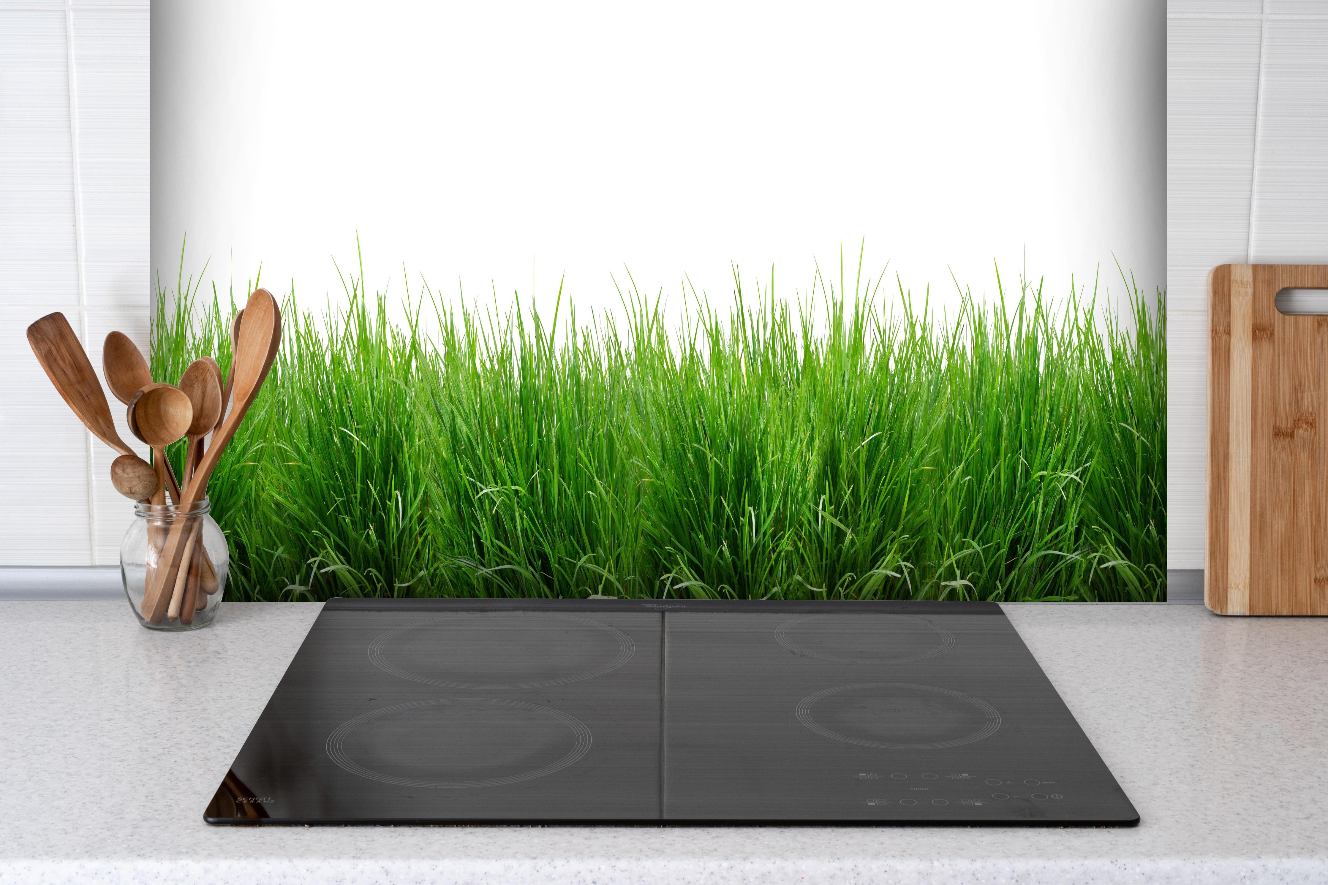 Spritzschutz - Lebendiges Grünes Gras Panoramabild hinter einem Cerankochfeld zwischen Holz-Kochutensilien