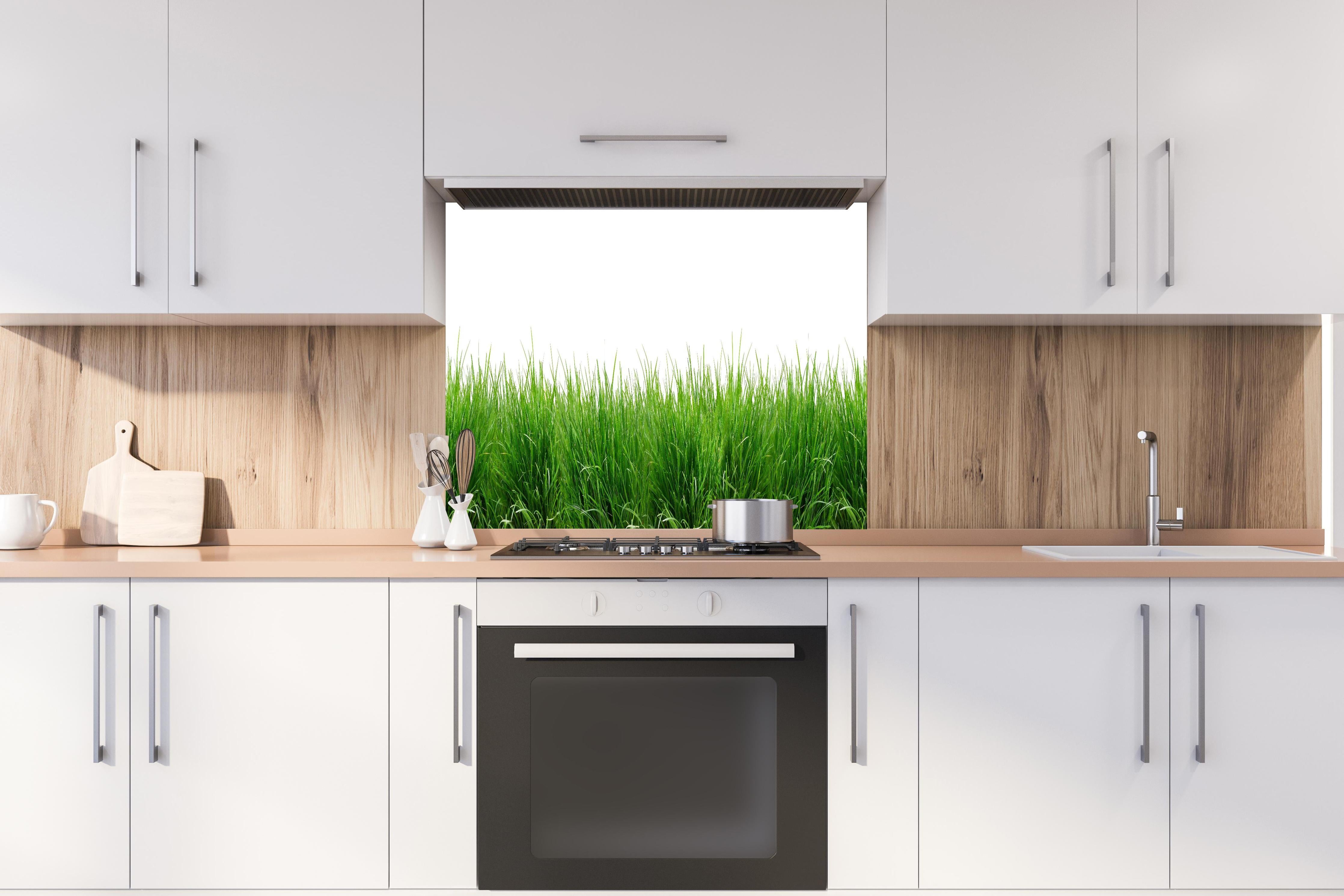 Spritzschutz - Lebendiges Grünes Gras Panoramabild hinter einem Cerankochfeld zwischen Holz-Kochutensilien
