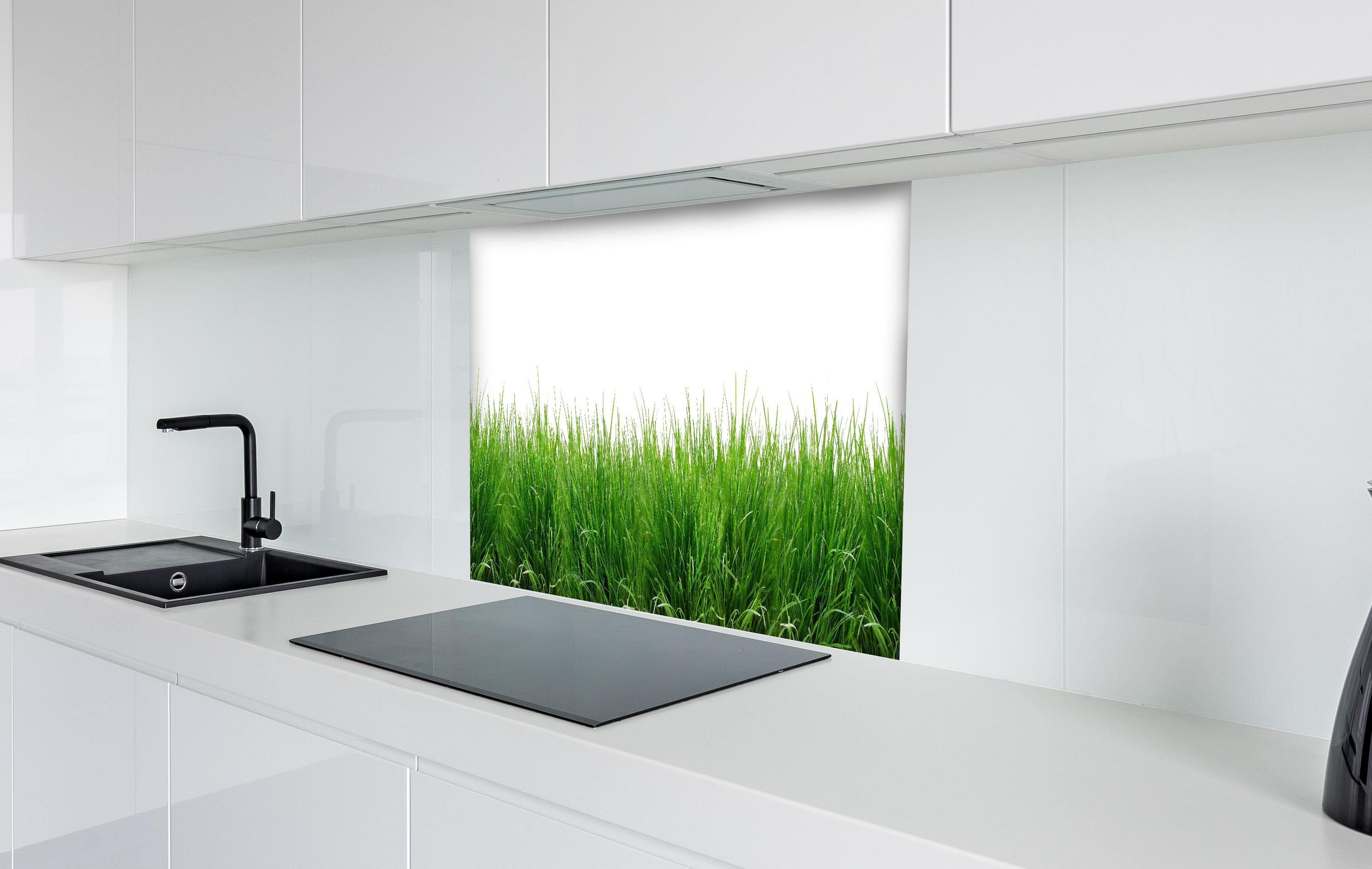 Spritzschutz - Lebendiges Grünes Gras Panoramabild hinter einem Cerankochfeld zwischen Holz-Kochutensilien