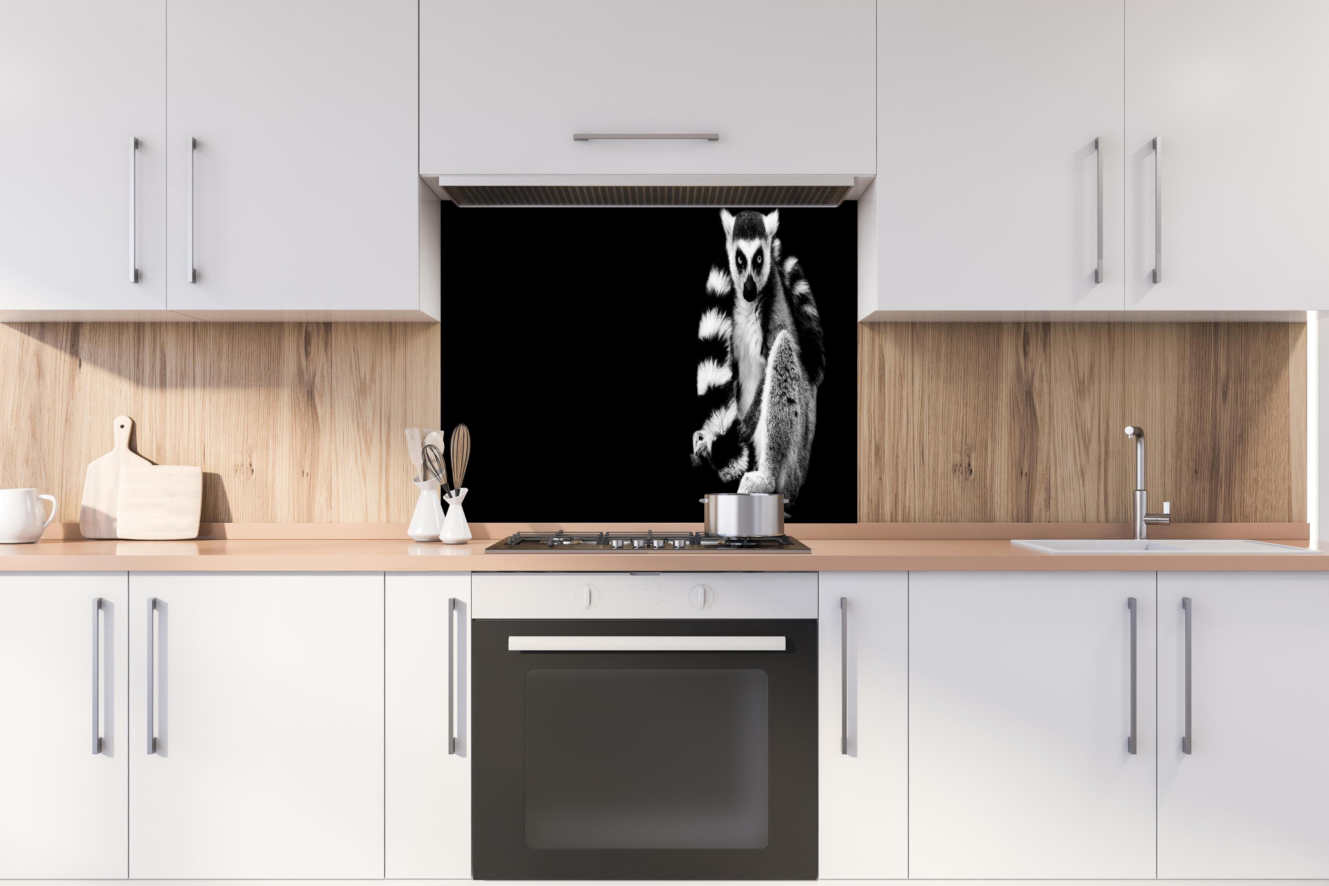 Spritzschutz - Lemur auf schwarzem Hintergrund hinter einem Cerankochfeld zwischen Holz-Kochutensilien