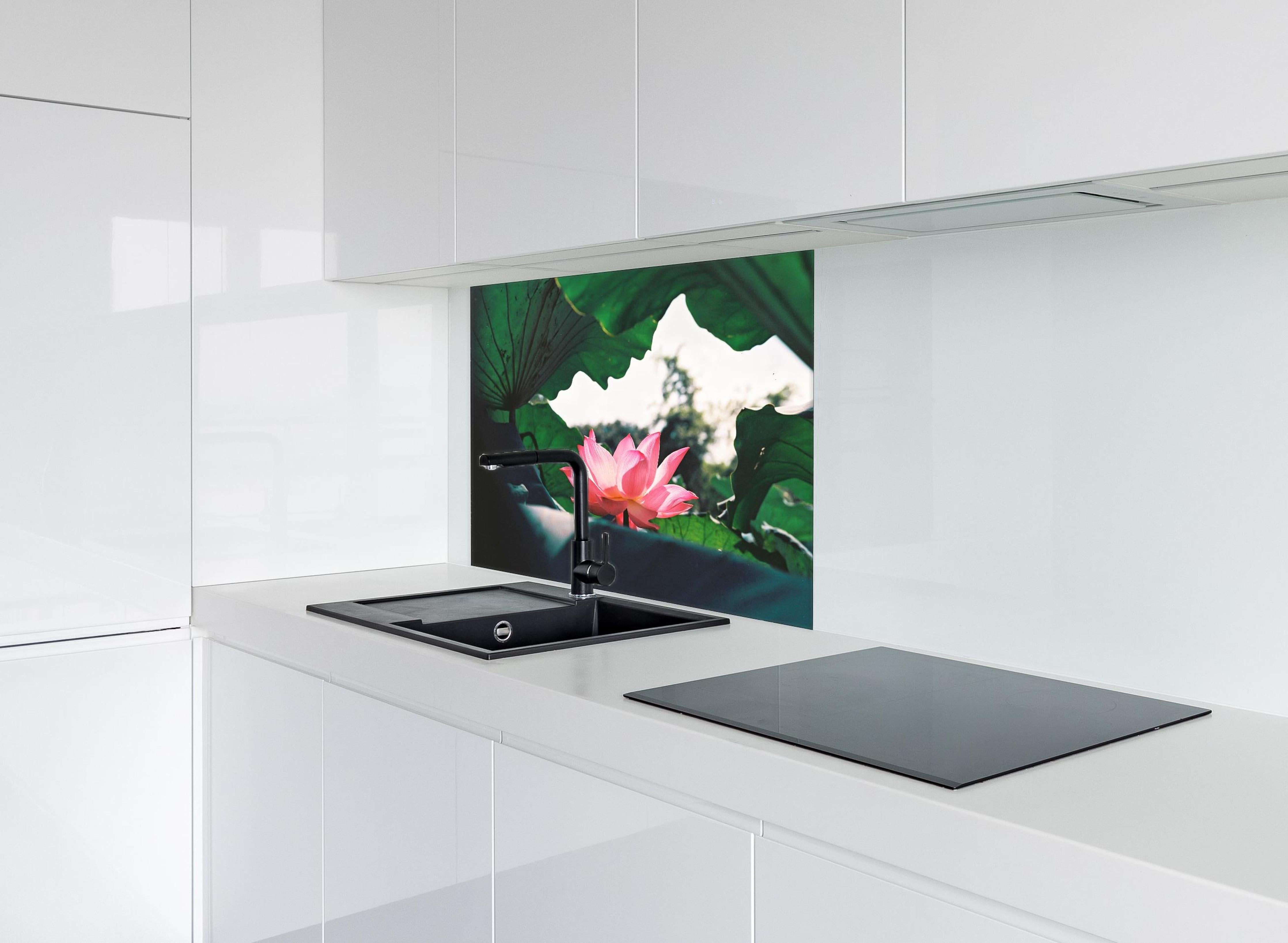 Spritzschutz - Lotosblume inmitten von Blättern hinter einem Cerankochfeld zwischen Holz-Kochutensilien